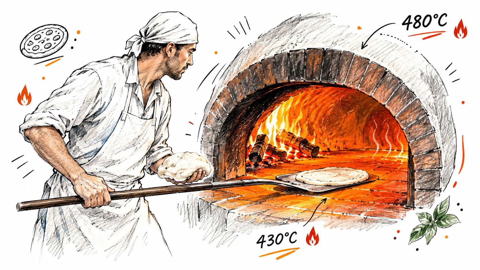 A professional pizzaiolo using a wooden peel to place raw pizza dough into a hot wood-fired oven.