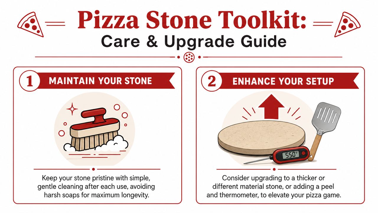 An infographic titled Pizza Stone Toolkit offering tips on maintaining stones and enhancing baking equipment setups.