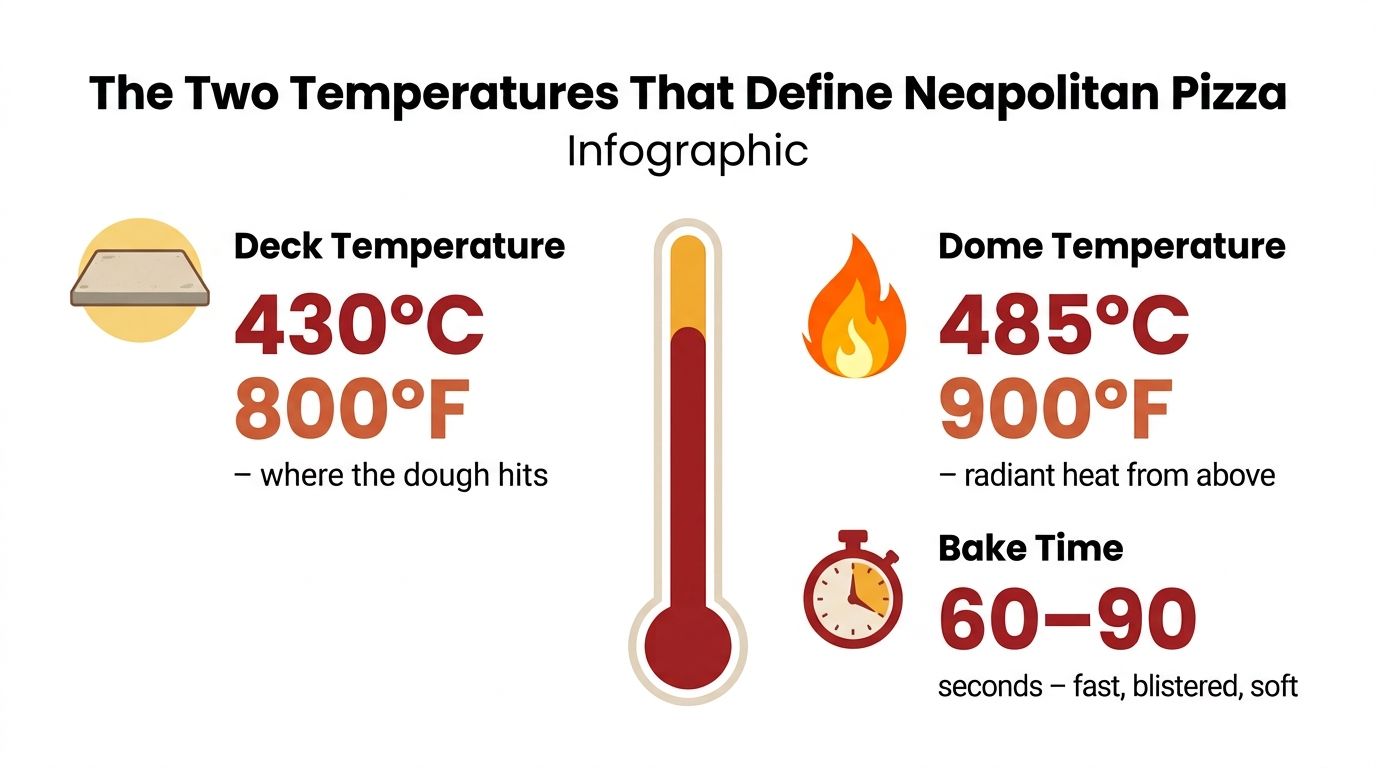 An infographic detailing the ideal deck and dome temperatures, plus bake time, for authentic Neapolitan pizza.