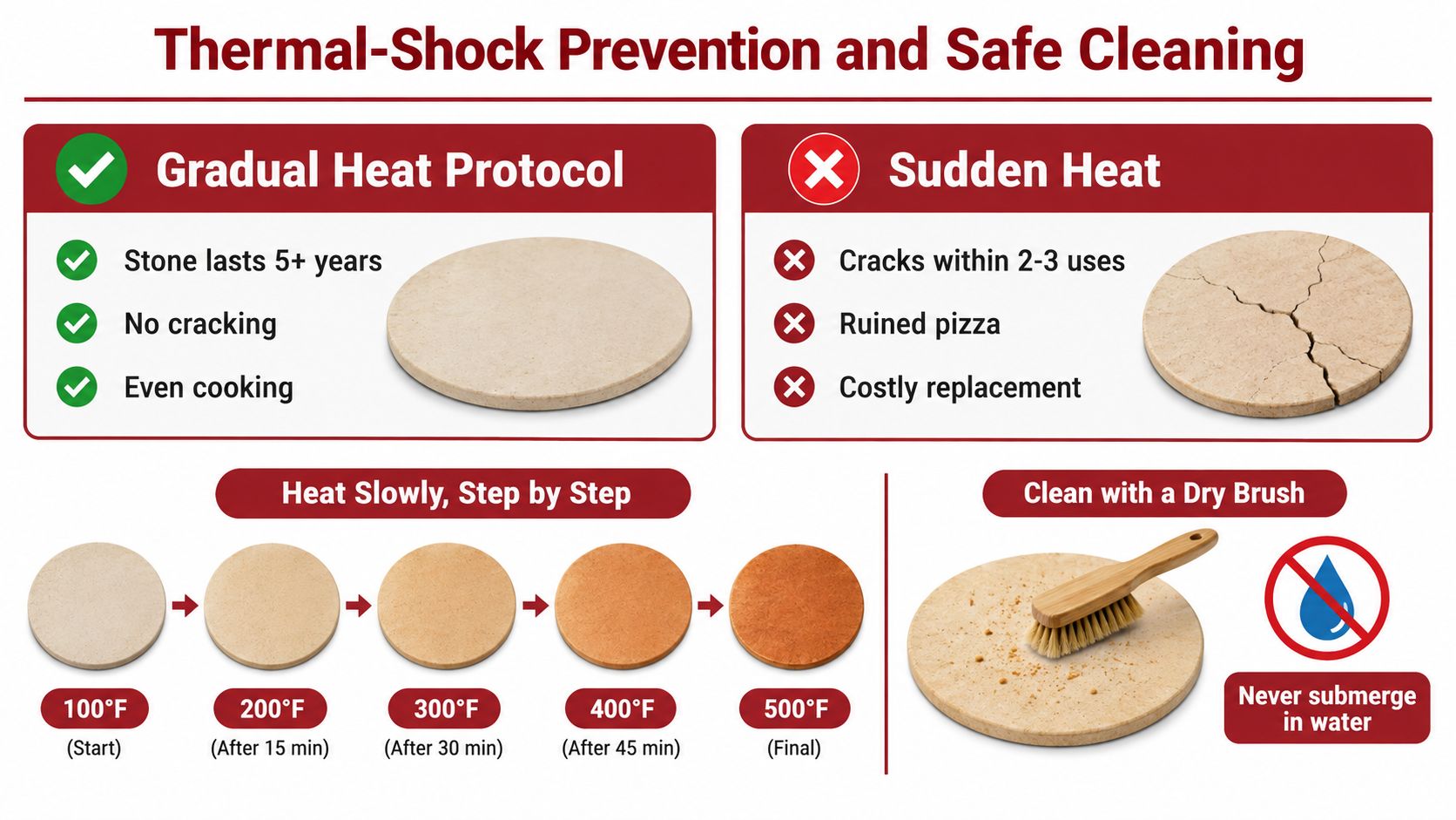 An infographic showing instructions for thermal shock prevention and safe cleaning of a ceramic pizza stone.