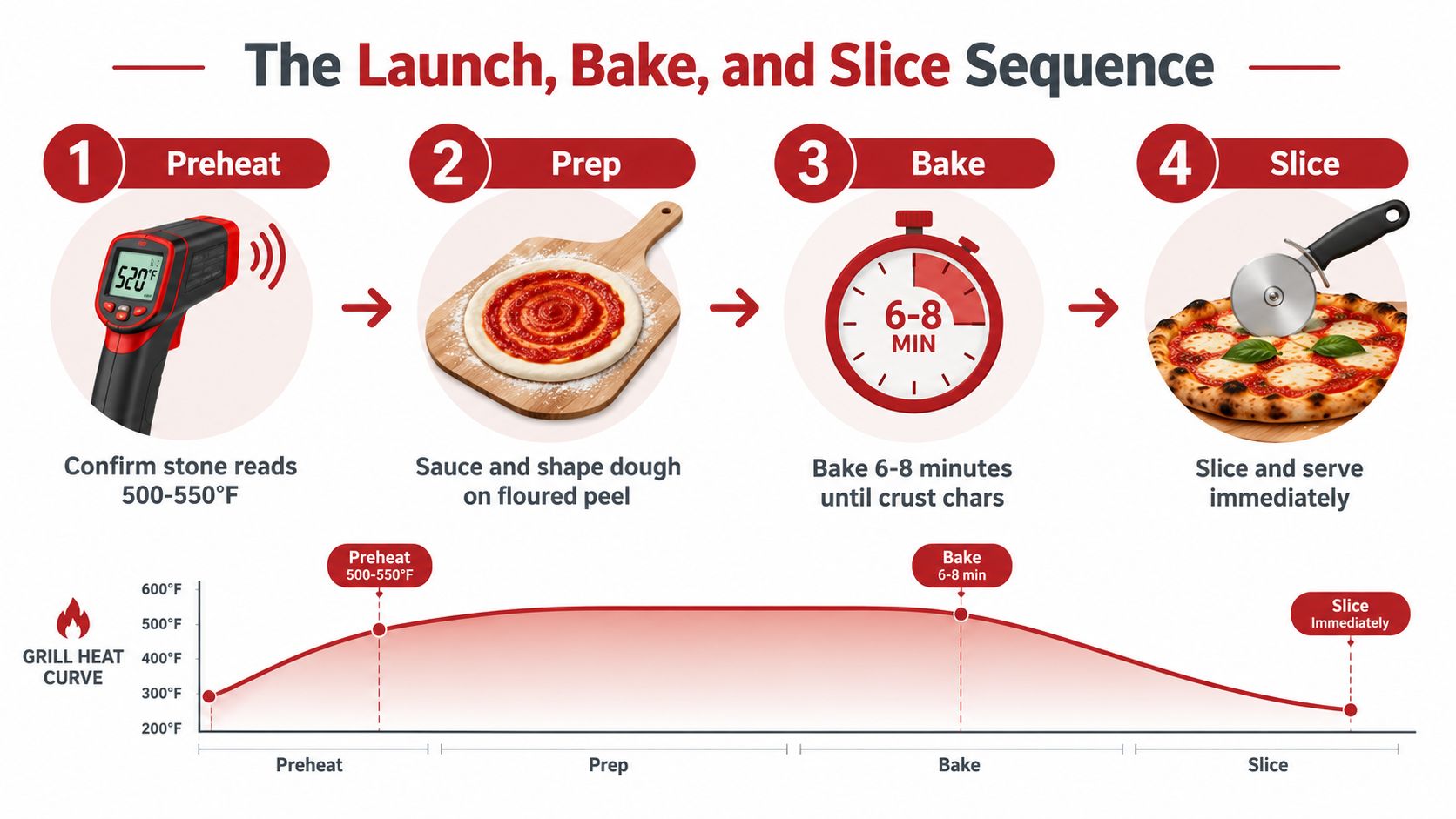 A four-step infographic showing how to preheat, prep, bake, and slice a homemade BBQ pizza.