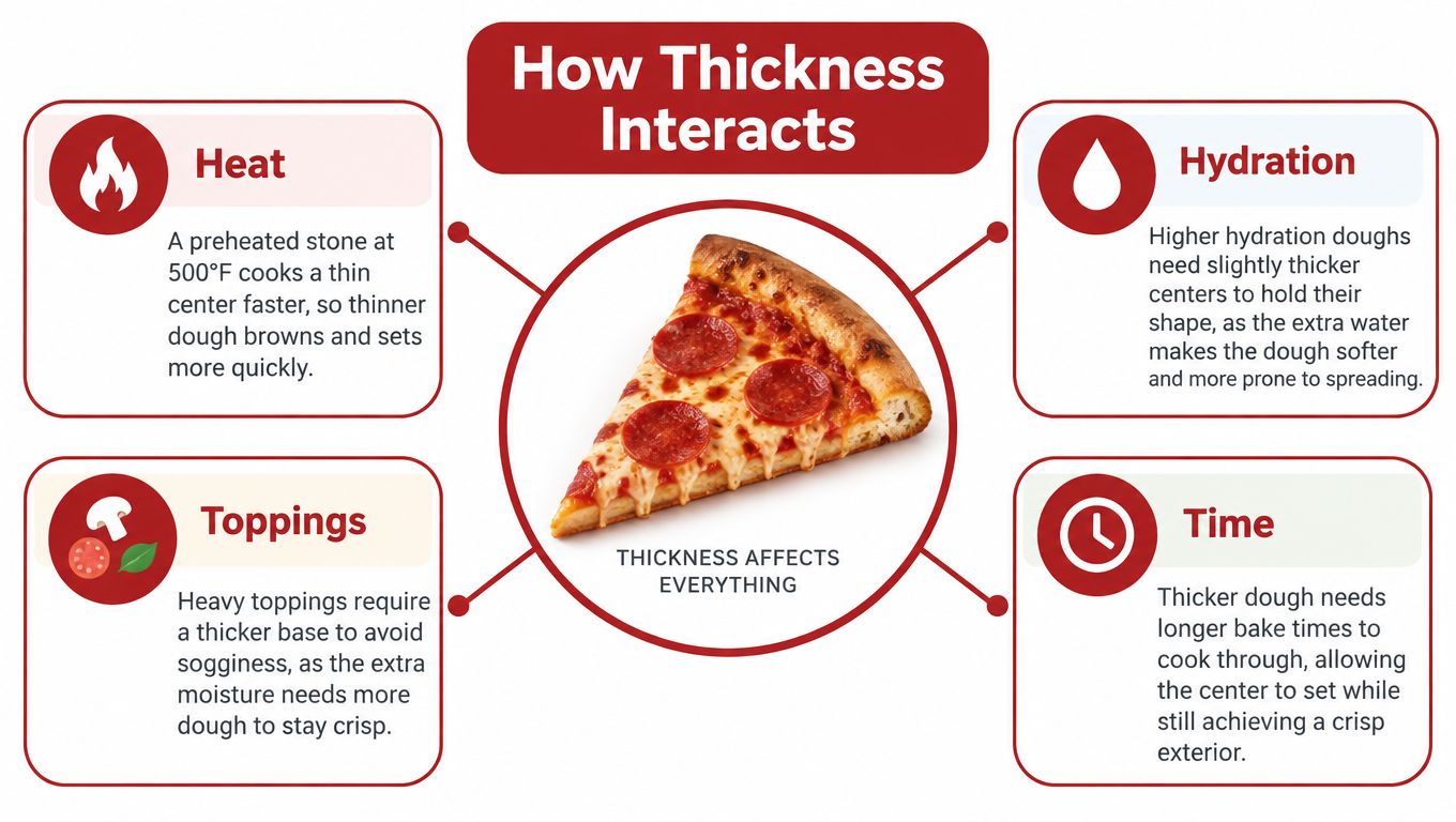 A diagram explaining how pizza dough thickness interacts with heat, hydration, toppings, and bake time for pizza.