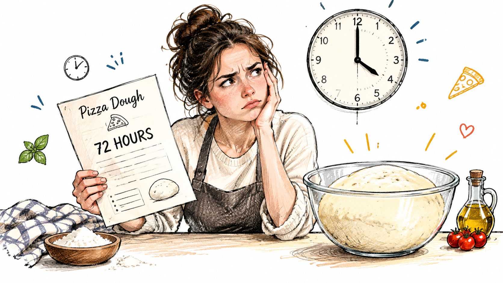 A pensive woman holding a 72-hour pizza dough recipe next to a large bowl of rising dough.