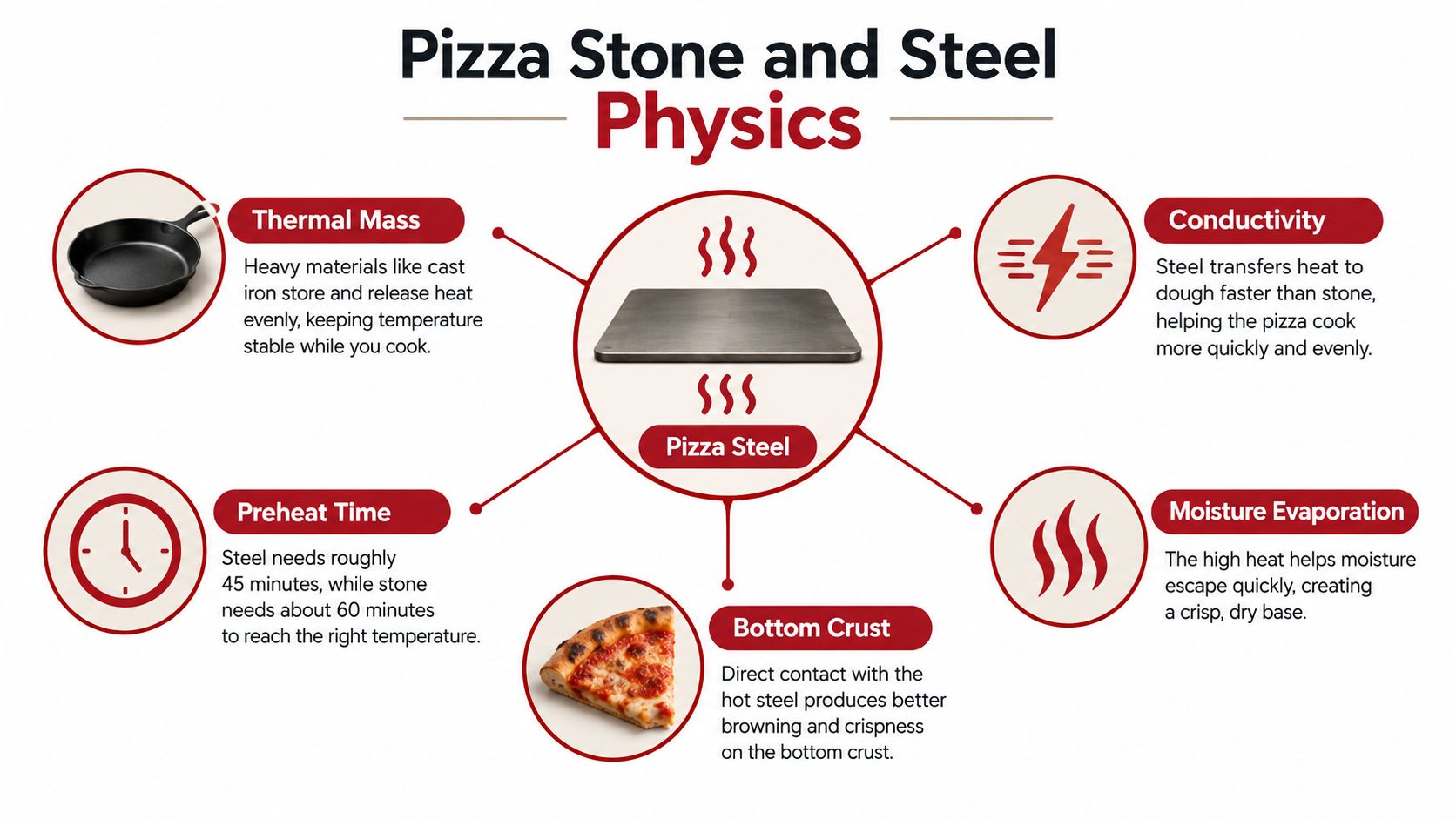 An infographic explaining the physics of using pizza stones and steel for baking perfect, crispy crust pizza.