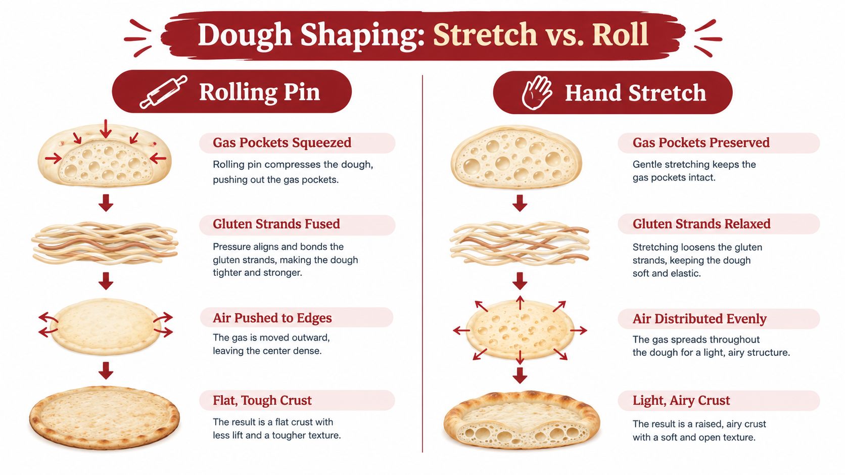 A comparison infographic showing how using a rolling pin versus hand stretching affects pizza dough structure.
