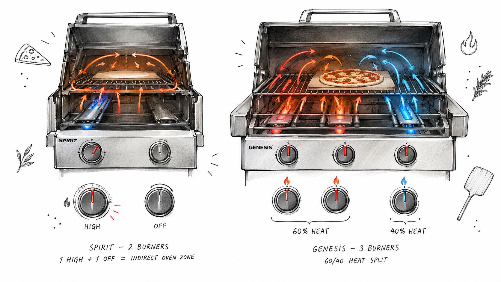 A diagram comparing cooking methods for pizza on Spirit and Genesis Weber gas grills using pizza stones.