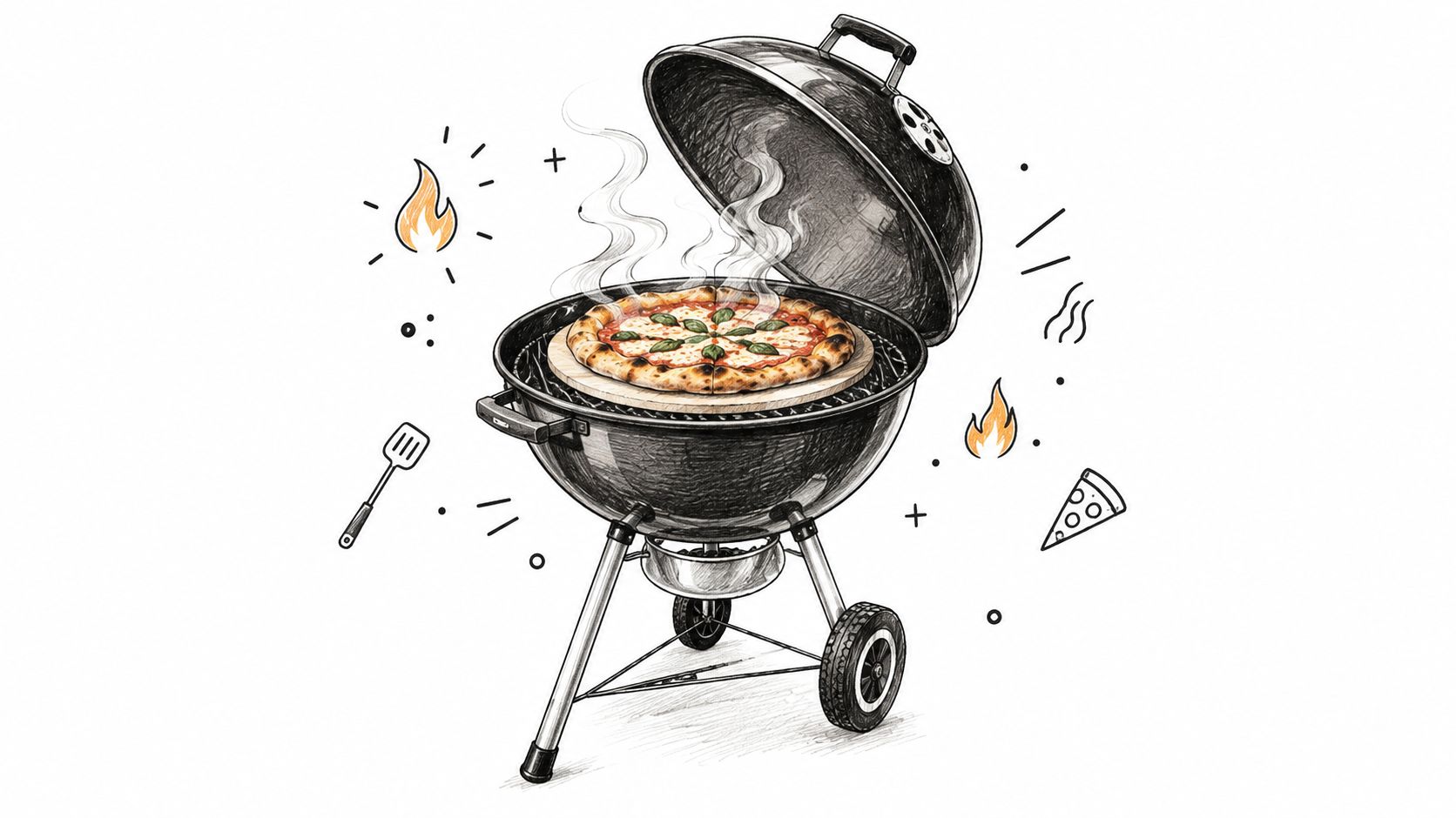 A hand-drawn illustration of a pizza cooking on a round pizza stone inside a charcoal kettle grill.