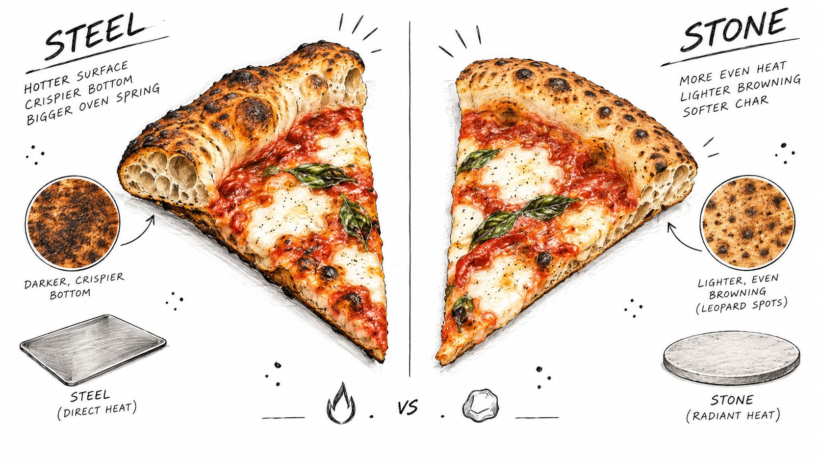 An illustrative comparison showing how baking steel and pizza stone affect pizza crust texture and browning.
