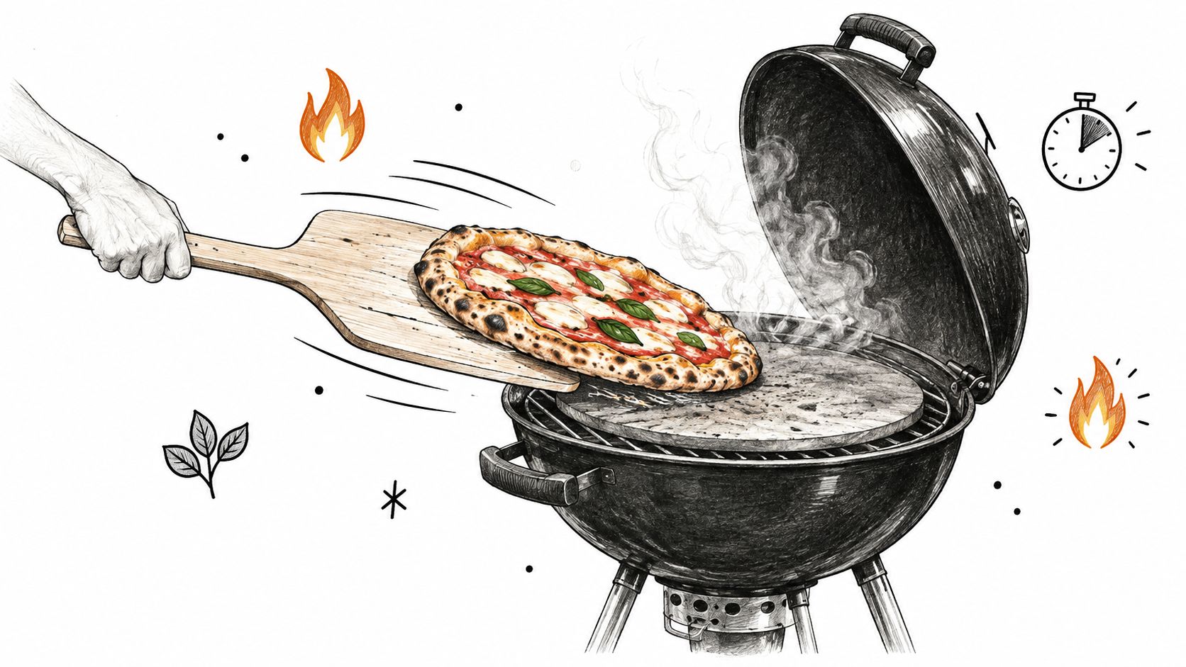 A hand placing a fresh pizza onto a hot stone inside a charcoal kettle grill for cooking.