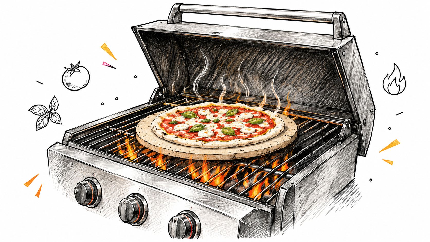 A hand-drawn sketch of a pizza topped with fresh basil and mozzarella baking on a grill.