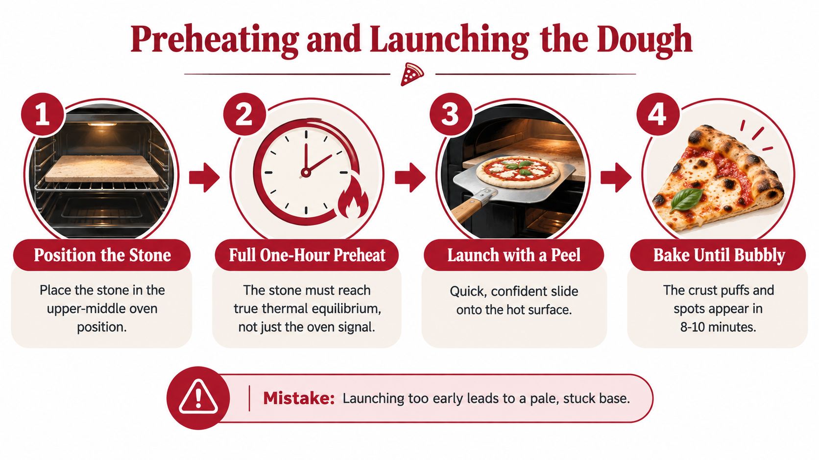 A four-step infographic illustrating how to preheat an oven and launch pizza onto a hot stone.