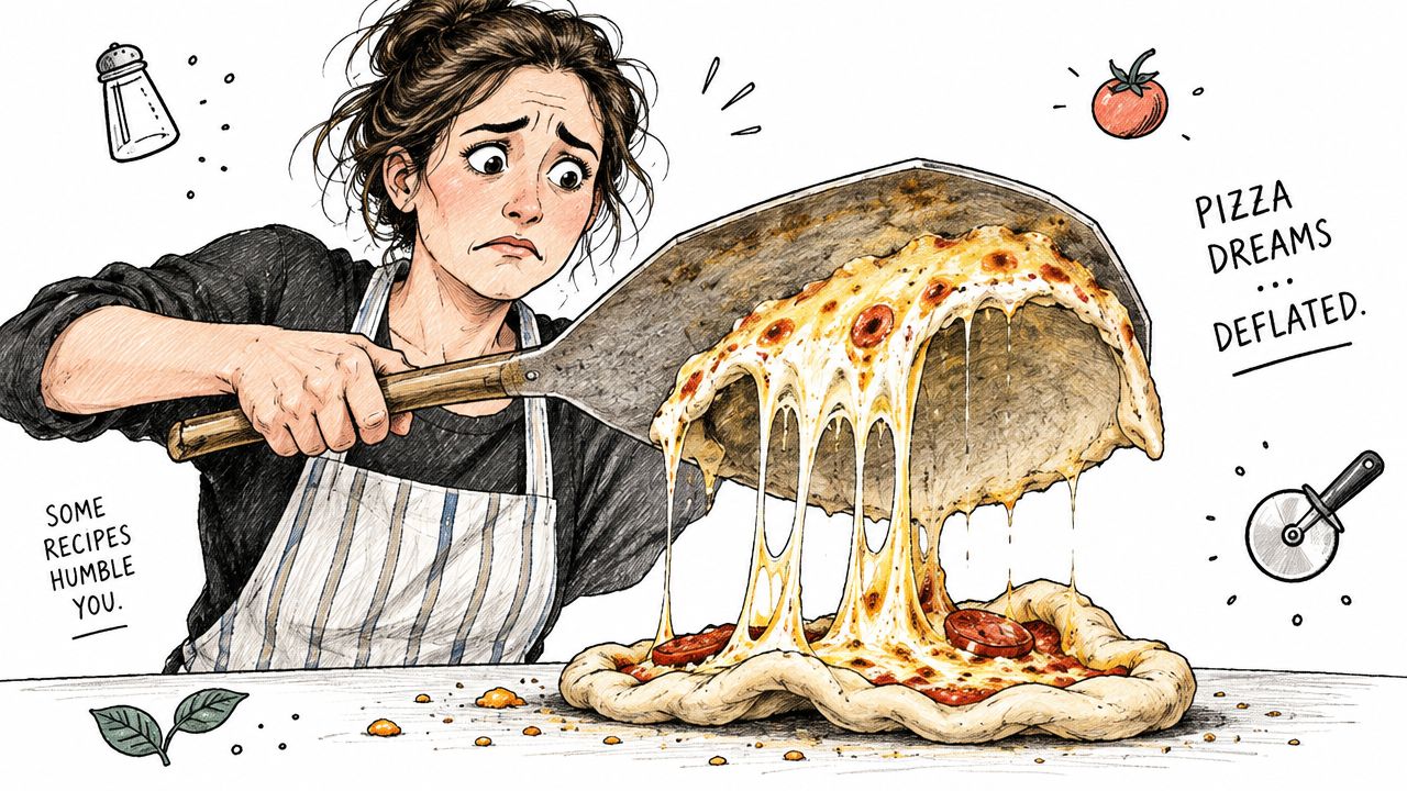 A distressed person struggling to lift a soggy, broken pizza off a peel with melted cheese dripping.