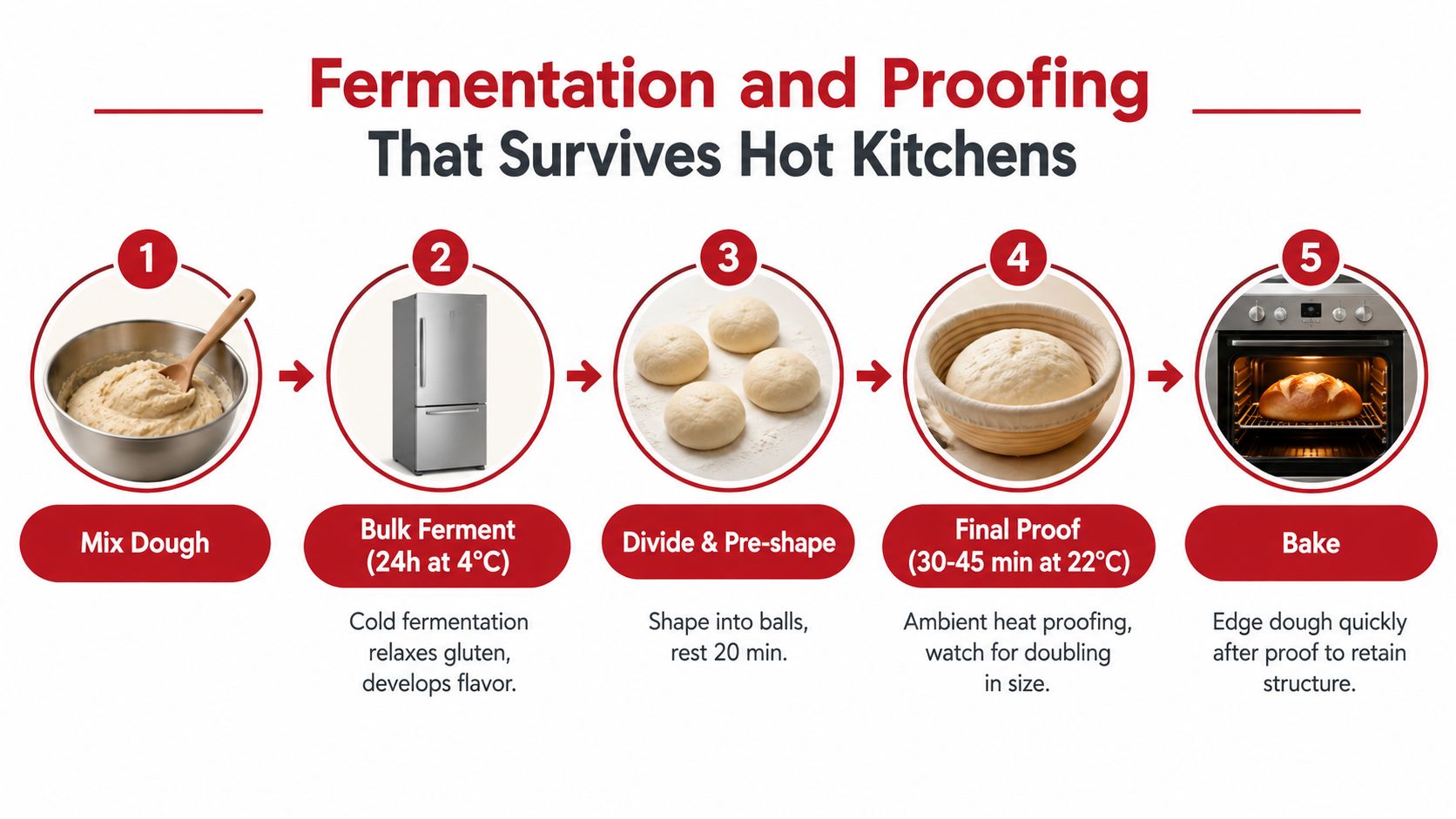 A five-step infographic showing the process of fermentation and proofing dough for bread baking.