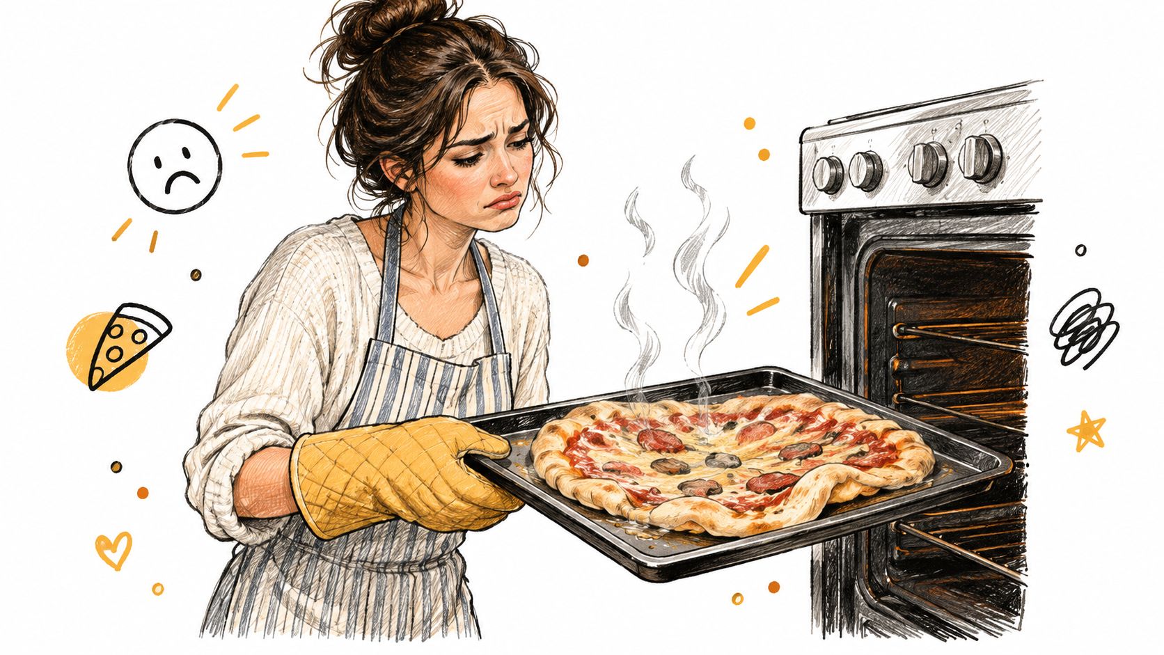 A woman wearing an apron and oven mitts looks disappointed while taking a pizza out of an oven.
