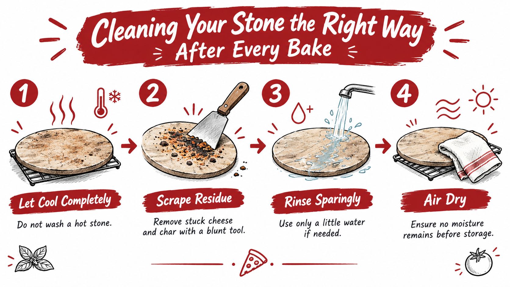 A four-step instructional infographic showing how to properly clean a pizza baking stone after use.