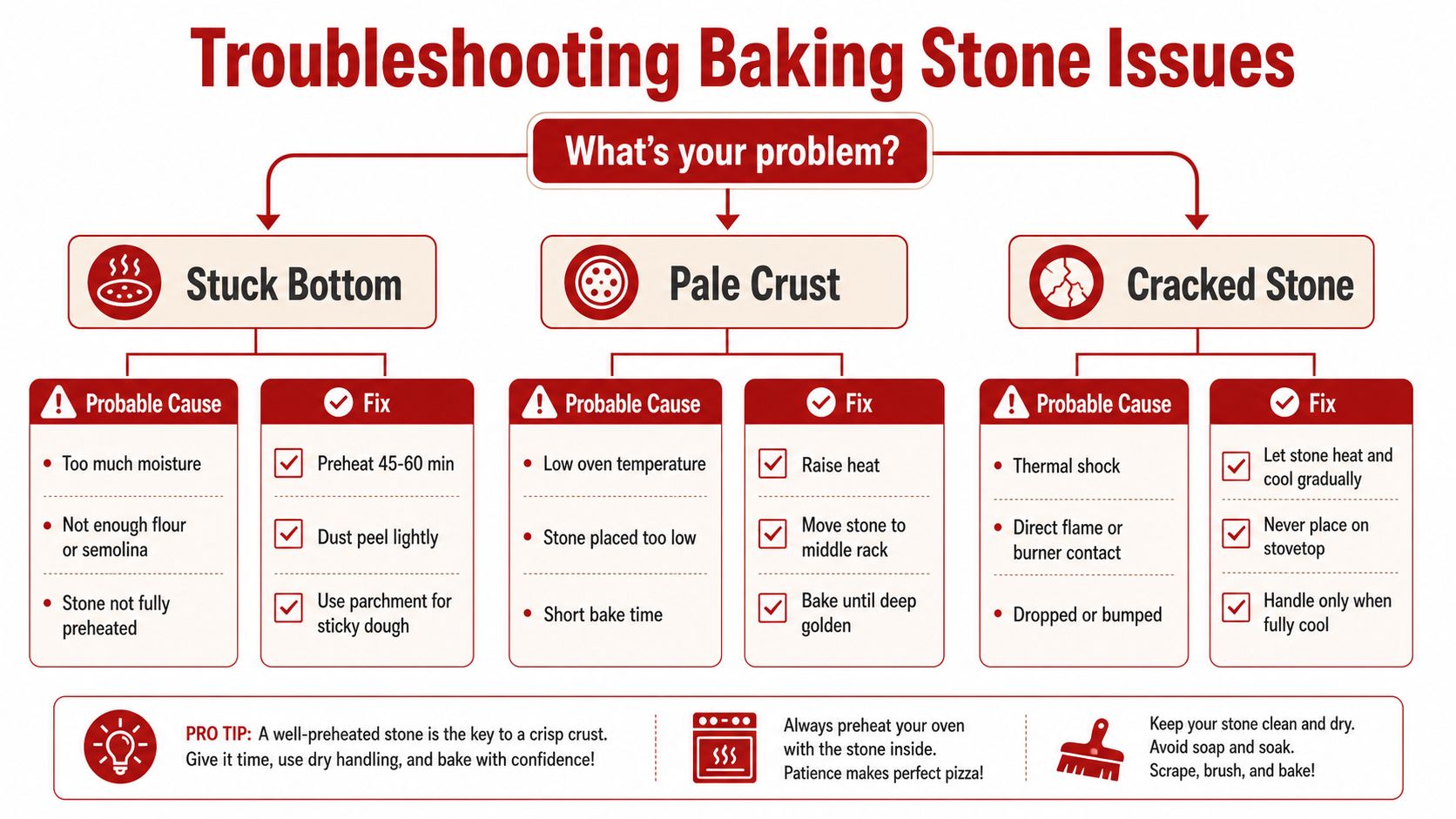 A troubleshooting infographic for common baking stone issues like stuck bottoms, pale crusts, and cracked stones.