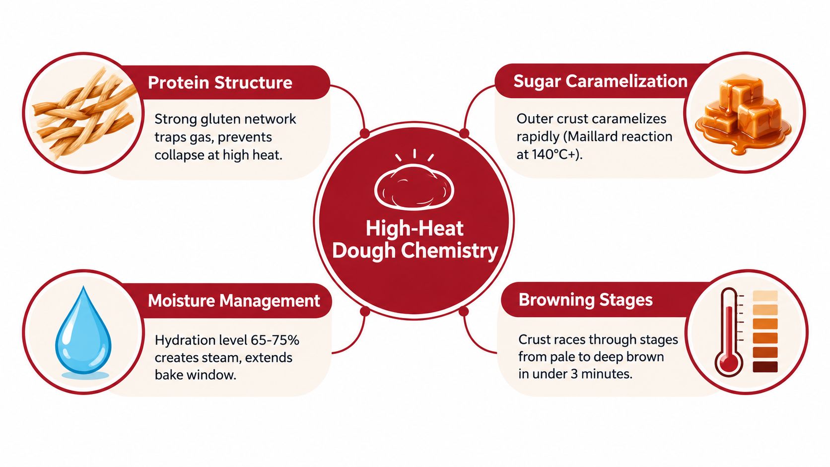 An infographic showing four key chemical processes involved in cooking high heat pizza dough.