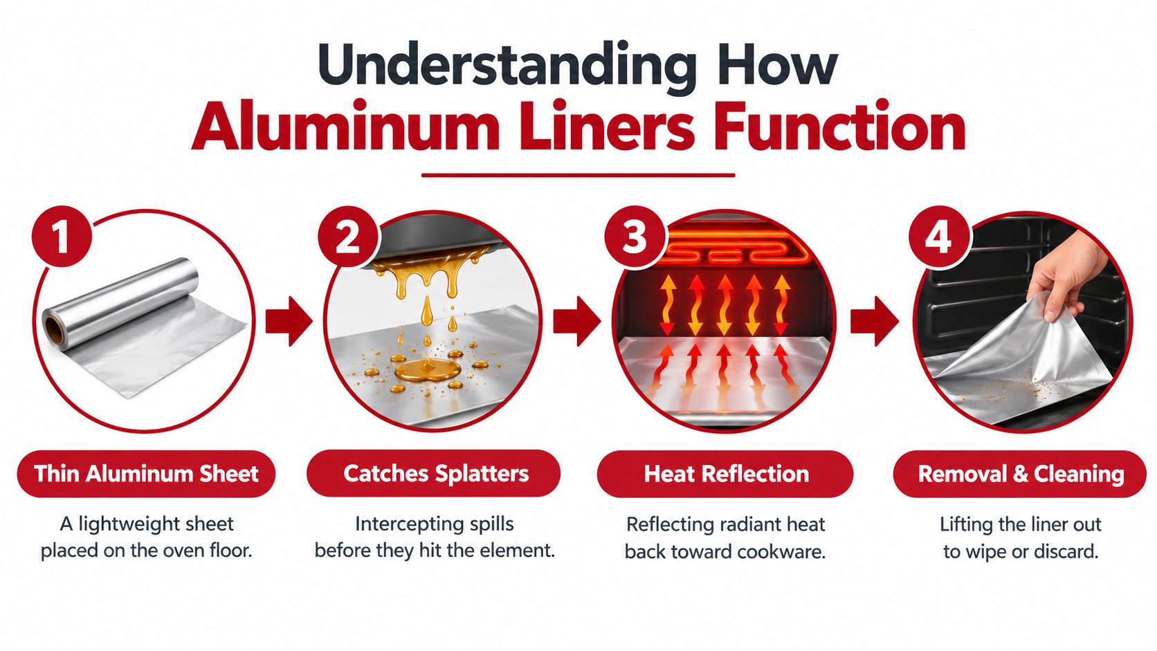 An infographic showing a four-step process for using and cleaning aluminum foil liners in an oven.