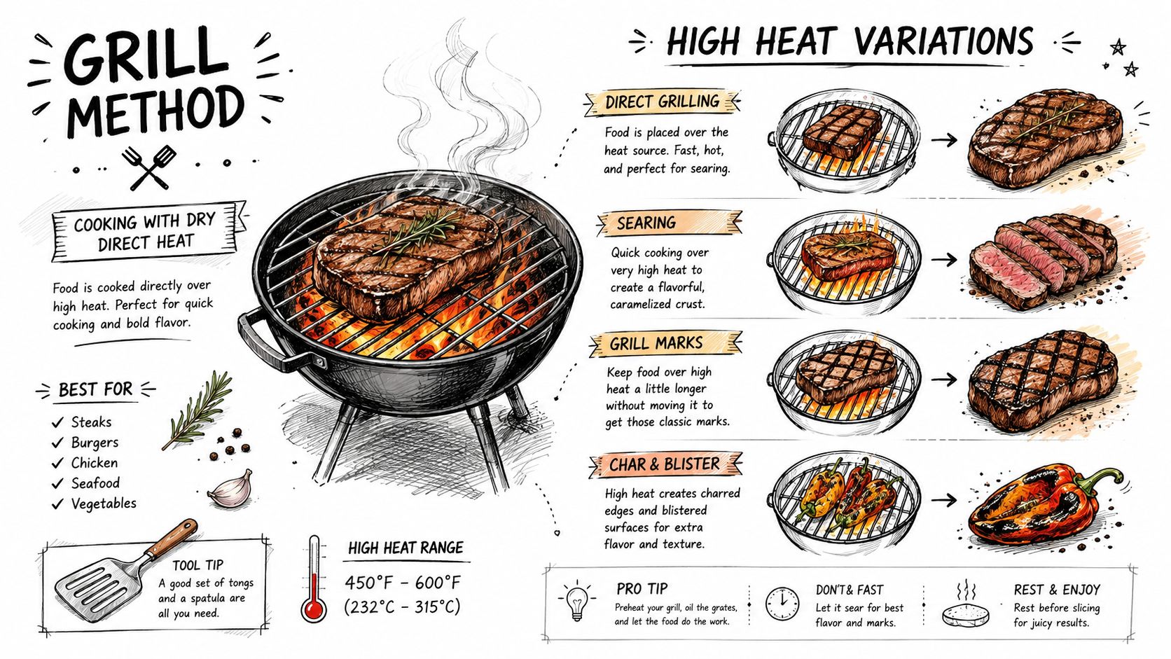 An illustrated guide to high heat grilling methods for steak, vegetables, and burgers on a charcoal grill.