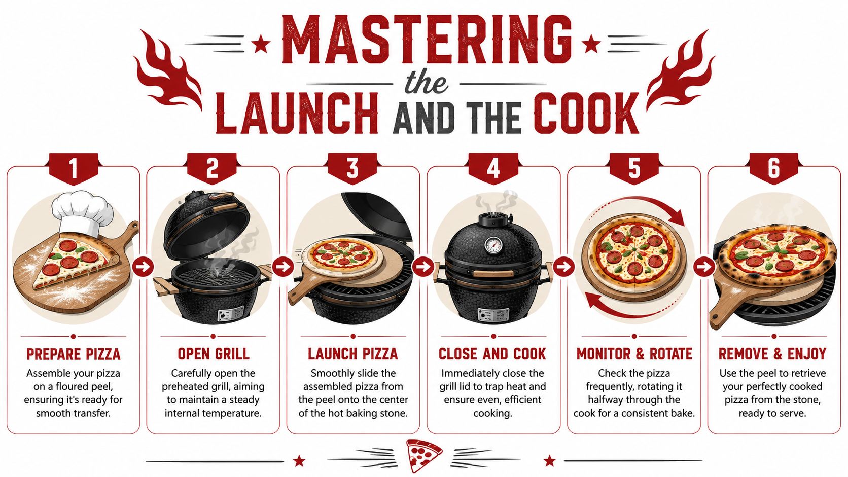 A six-step infographic guide explaining how to cook a homemade pepperoni pizza on a bbq baking stone.