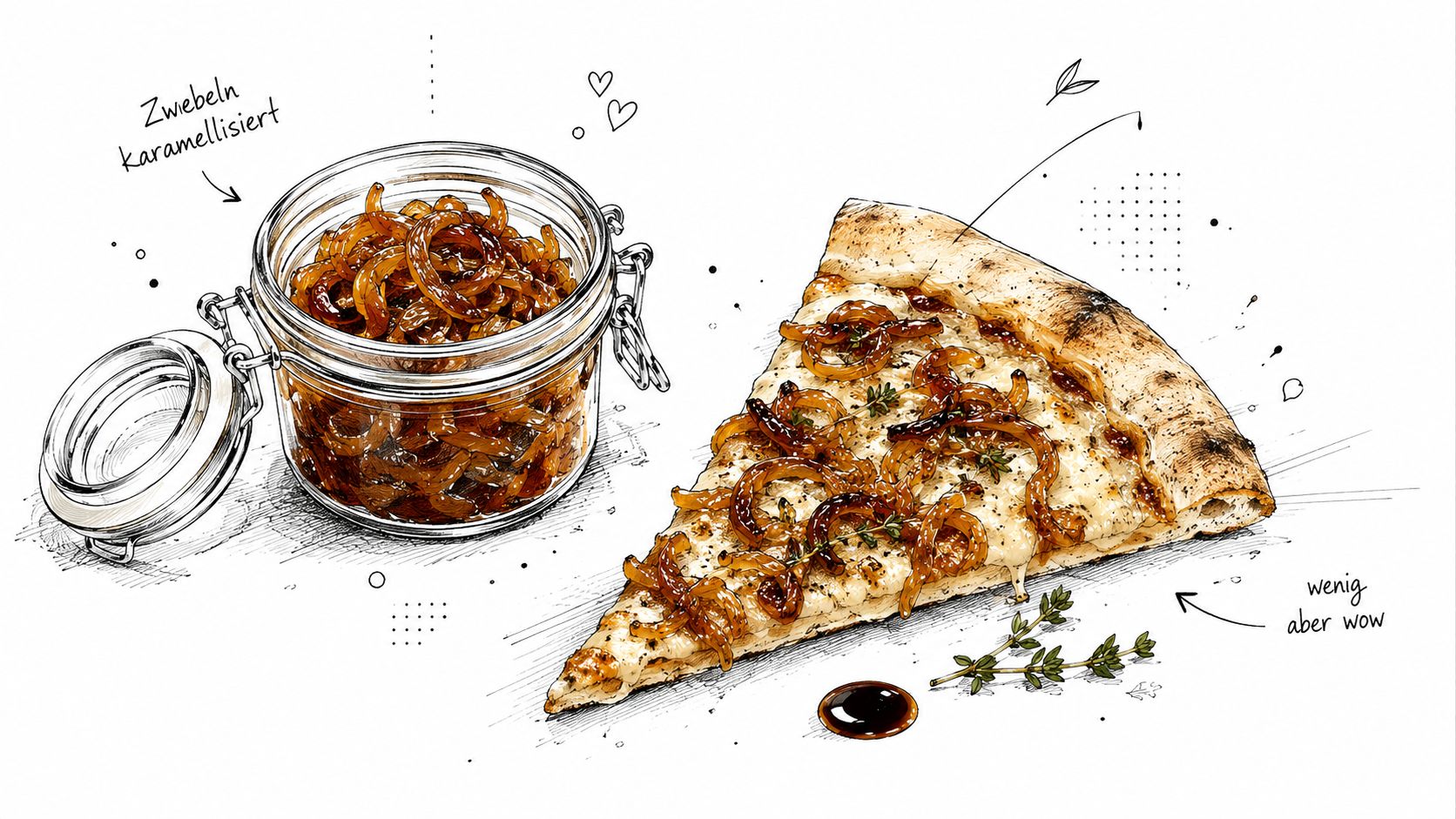 A sketched illustration of a jar of caramelized onions next to a slice of pizza topped with onions.