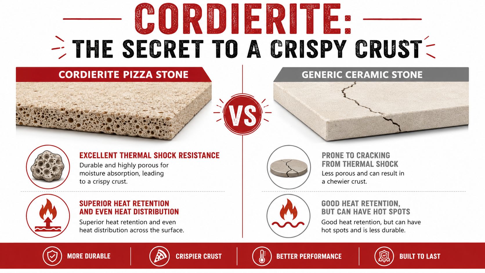 A comparison graphic showing why cordierite pizza stones are superior to generic ceramic stones for baking pizza.
