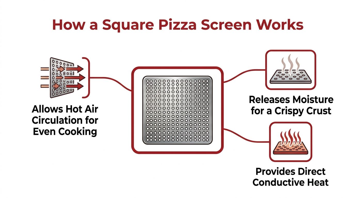 A diagram explaining how a square pizza screen works through air circulation, moisture release, and conductive heat.