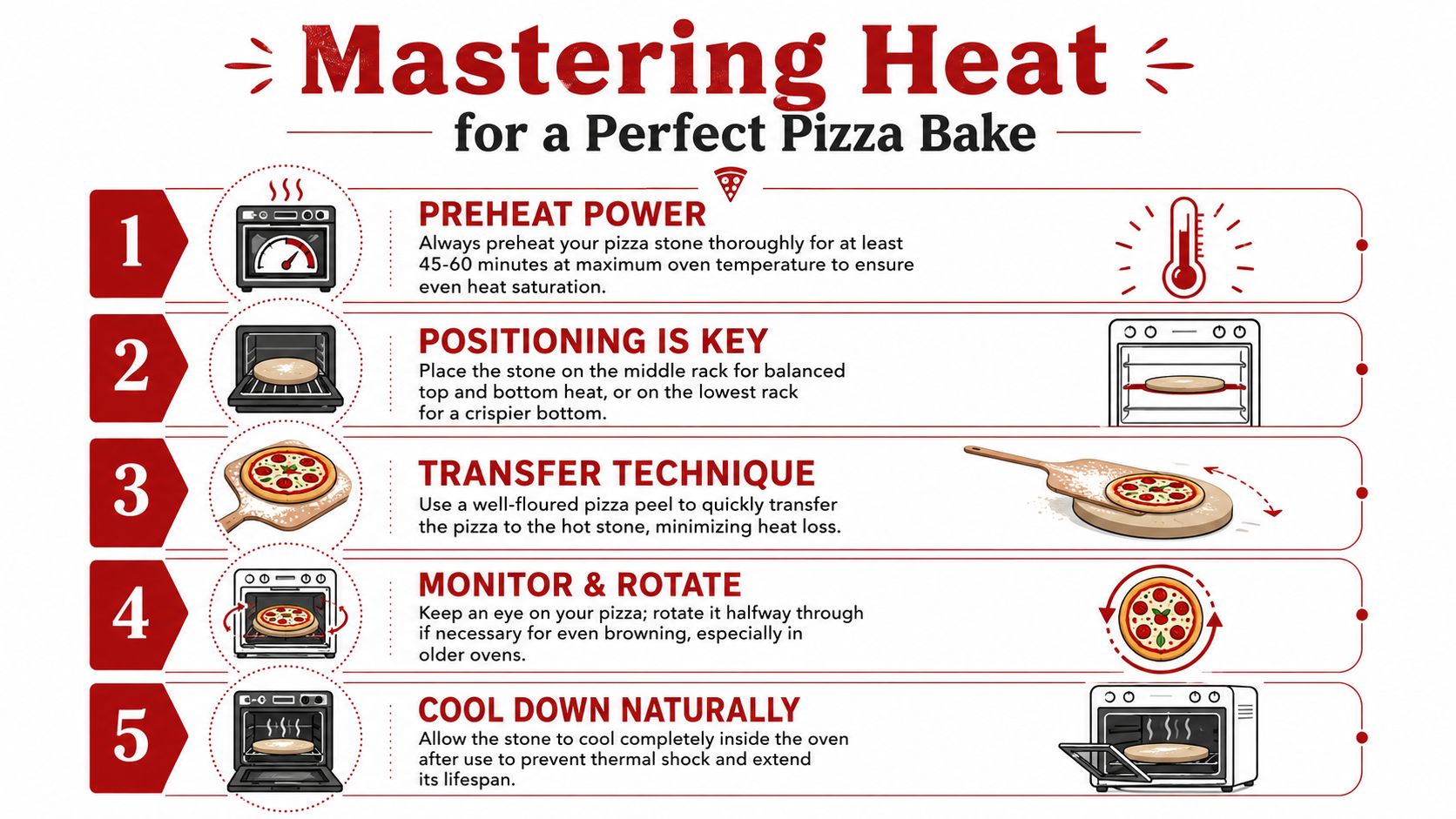 A five-step infographic guide on how to master heat for a perfect pizza bake with a stone.