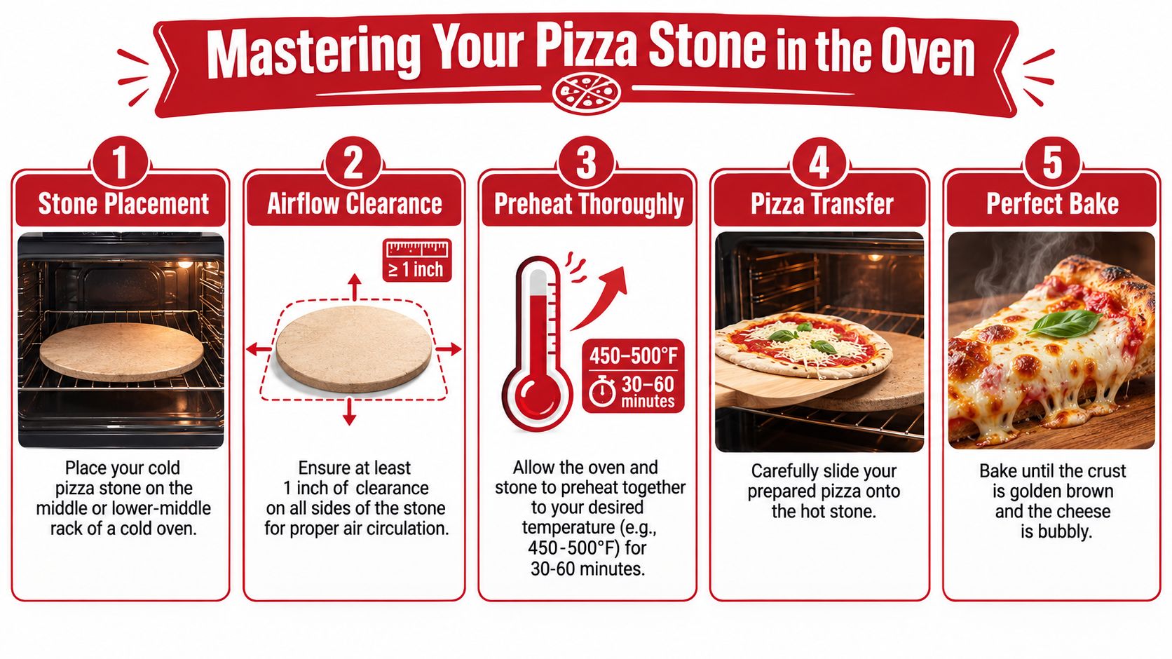 A five-step infographic showing how to properly use a pizza stone in a kitchen oven.