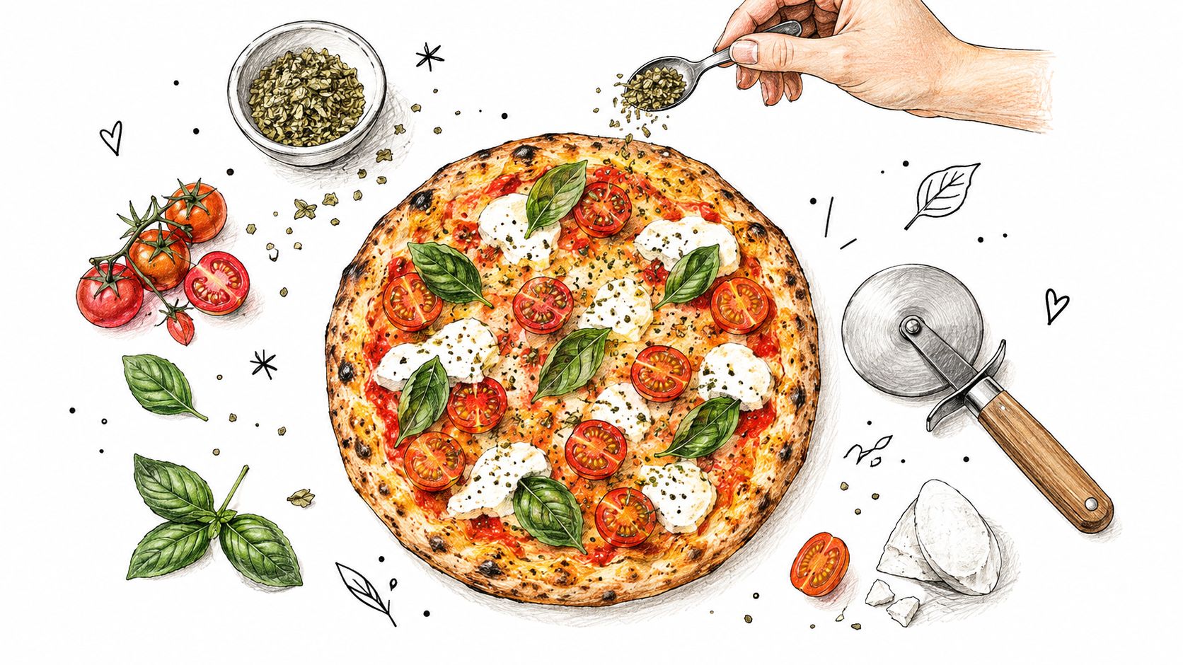 A hand sprinkling herbs over a delicious thin crust grilled pizza surrounded by fresh tomatoes and basil.