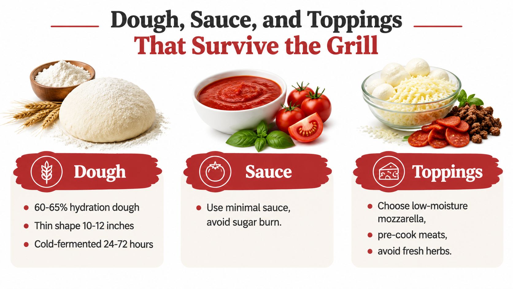 An infographic showing dough, sauce, and toppings recommendations for cooking pizza on a grill safely.