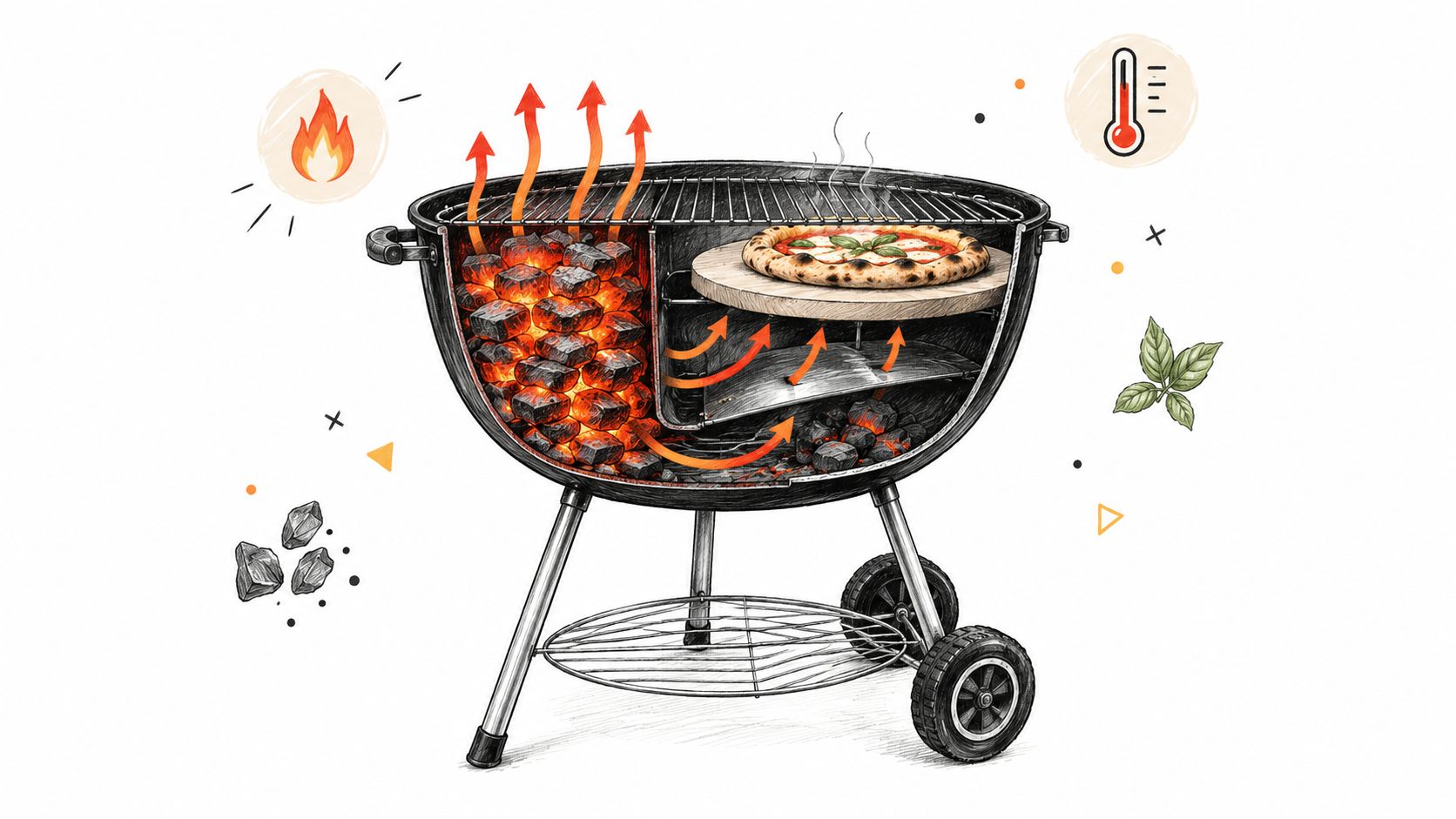 A detailed illustration showing how to cook pizza on a grill using a pizza stone accessory.