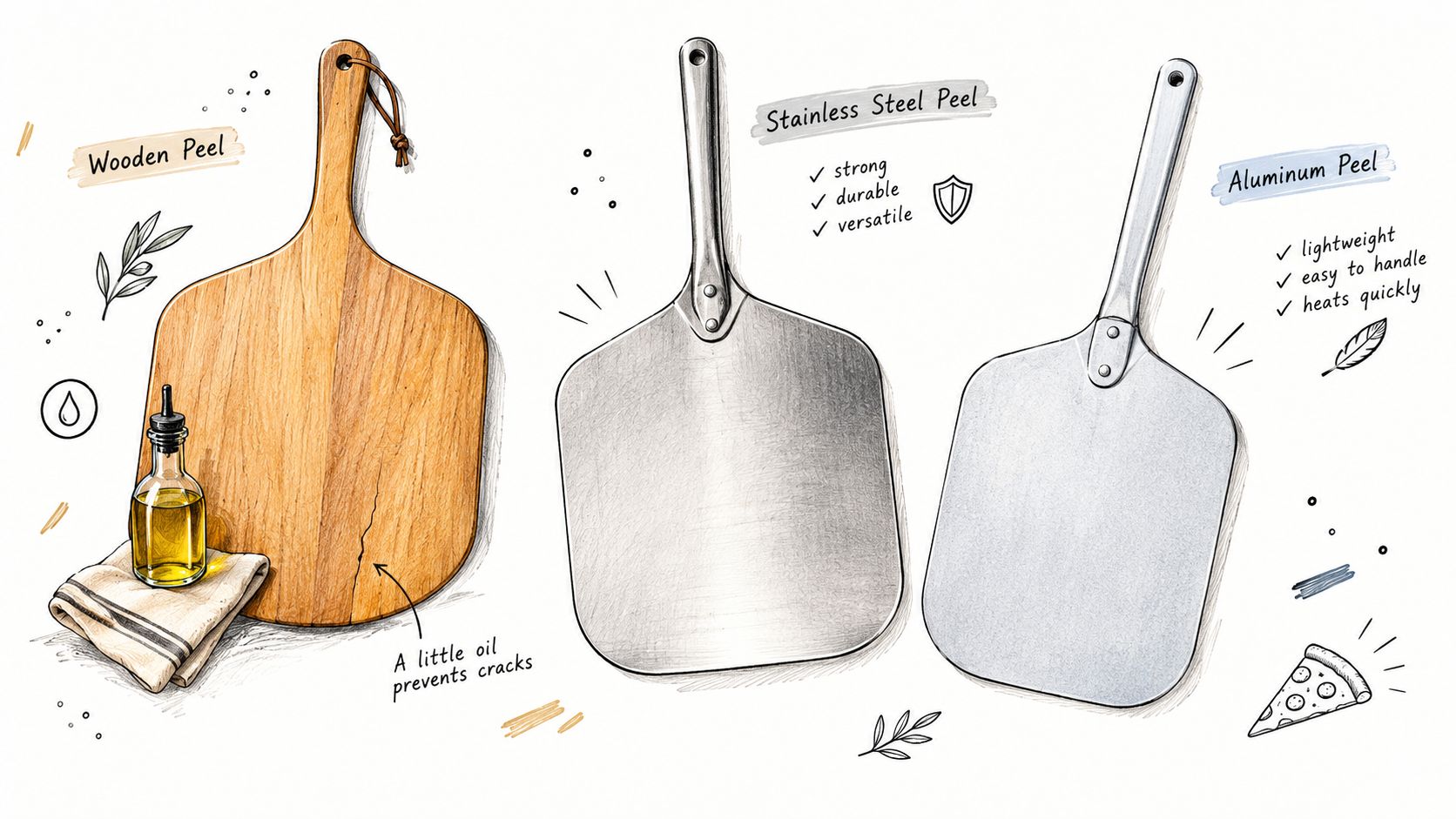 A hand-drawn illustration displaying wooden, stainless steel, and aluminum pizza peels with their unique material benefits.