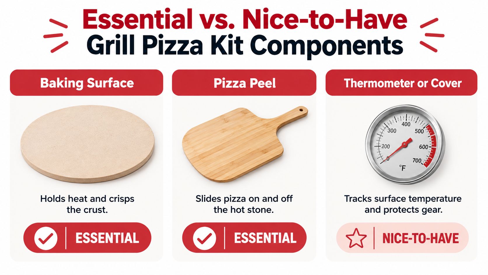 A diagram categorizing pizza grill kit components into essential items like baking stones and peels, and nice-to-have items.