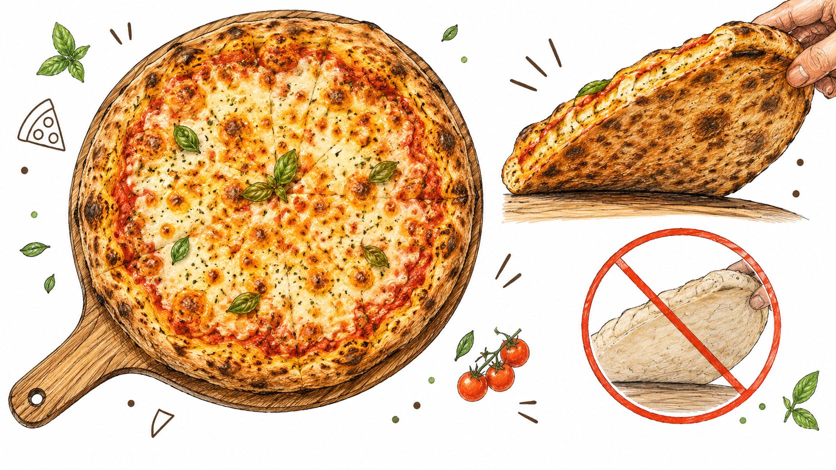 A hand holding a slice of cooked pizza above a hand holding an uncooked piece of dough
