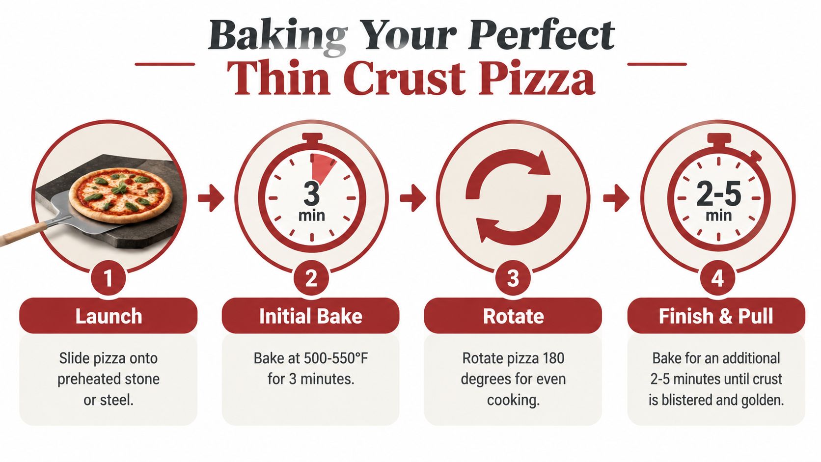 An infographic illustration showing the four-step process for baking a thin crust pizza in an oven.