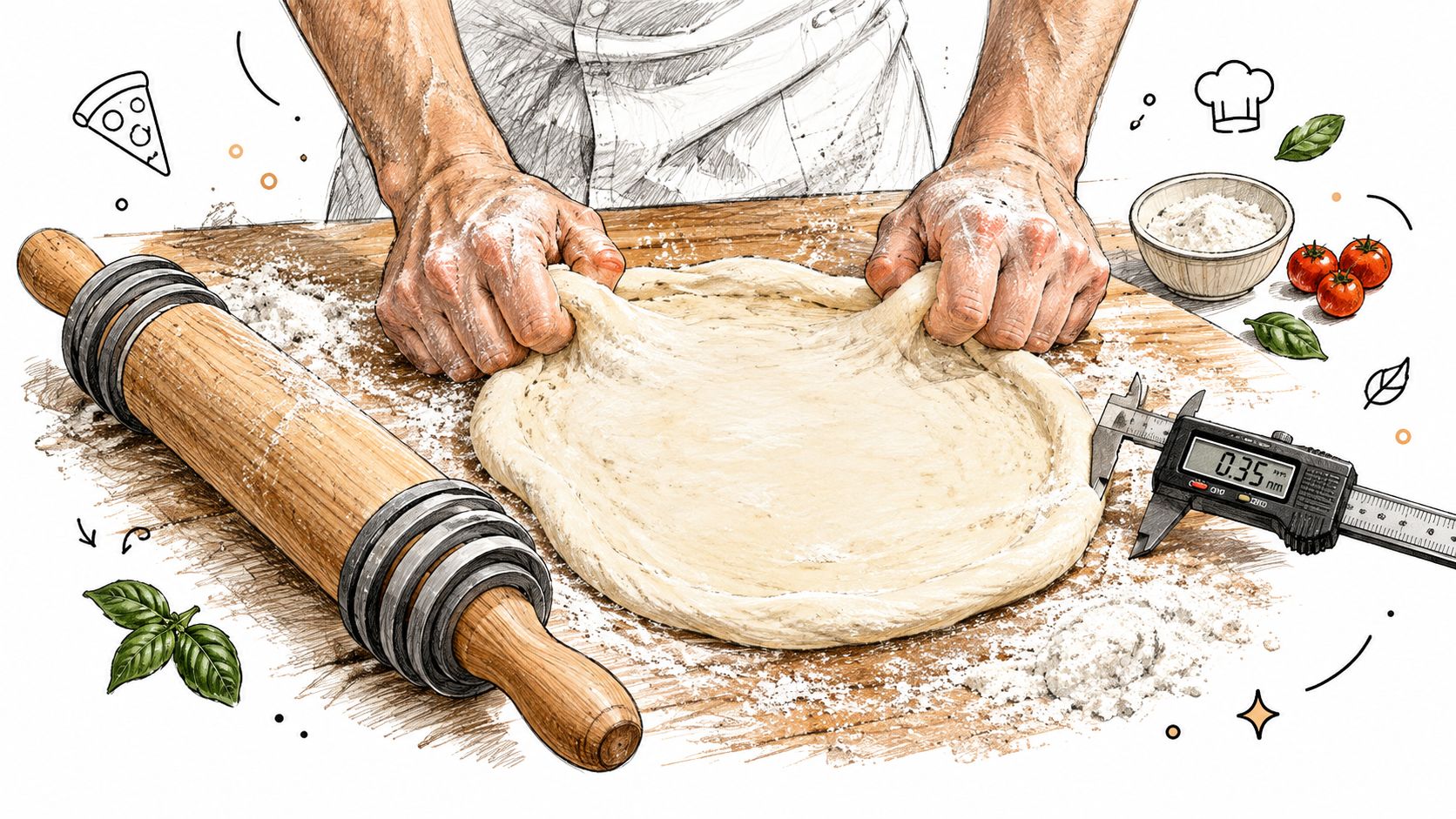 A chef's hands stretching pizza dough on a wooden table with a rolling pin and digital calipers.