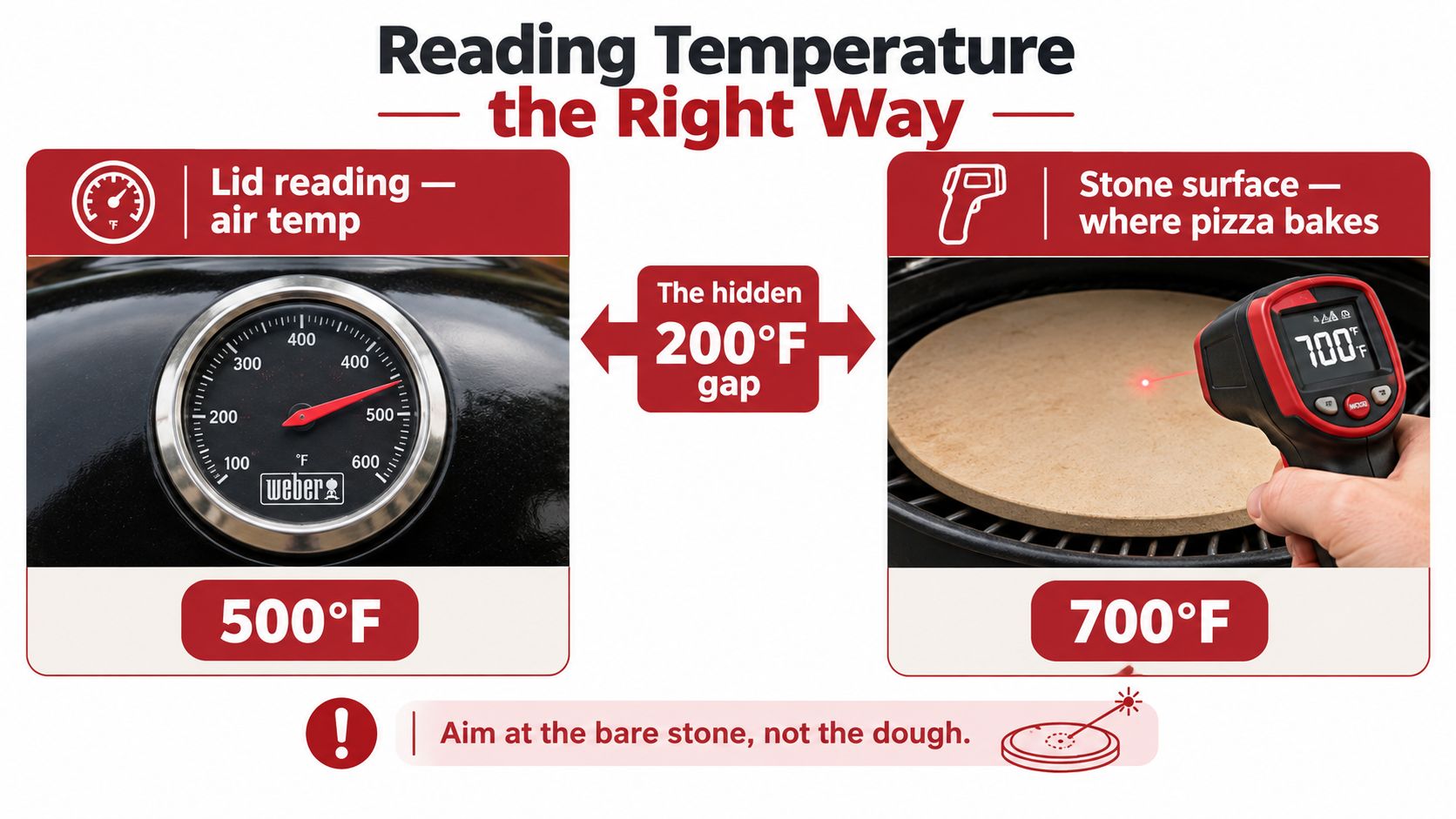 A comparison showing the temperature difference between a grill lid thermometer and an infrared pizza stone thermometer.