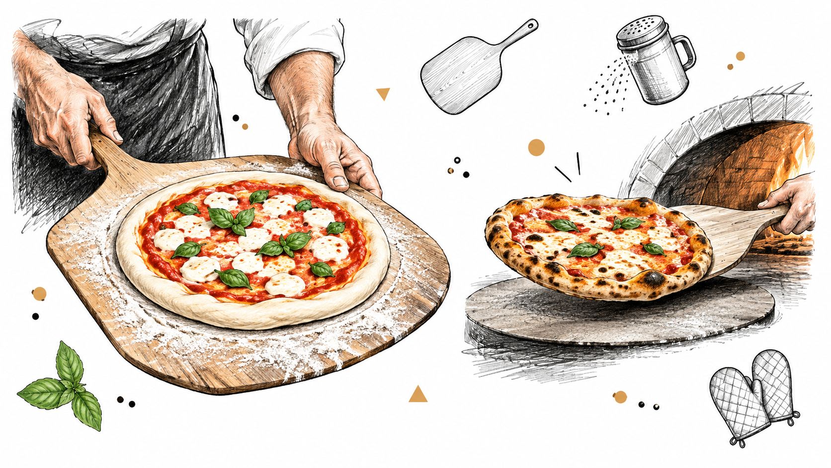 A chef prepares and bakes a fresh Margherita pizza on a wooden peel near a brick oven.
