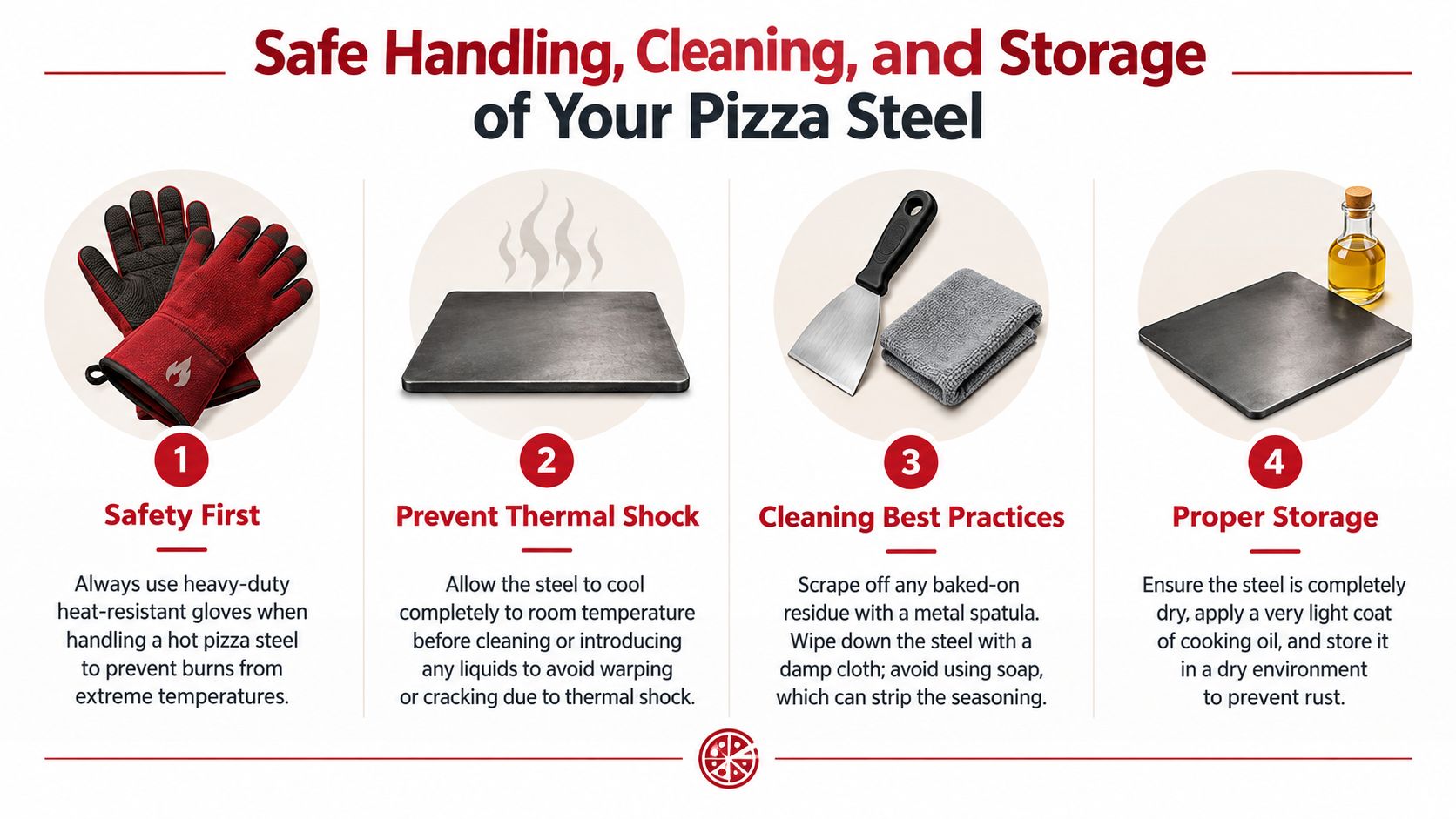 A step-by-step instructional graphic on the safe handling, cleaning, and storage of a pizza steel.