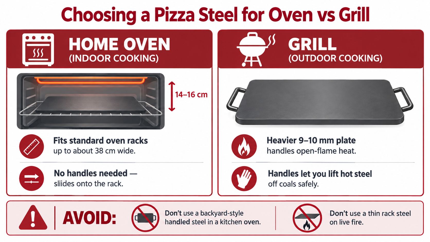 An infographic showing guidelines for selecting a pizza steel for home oven use versus outdoor grill cooking.