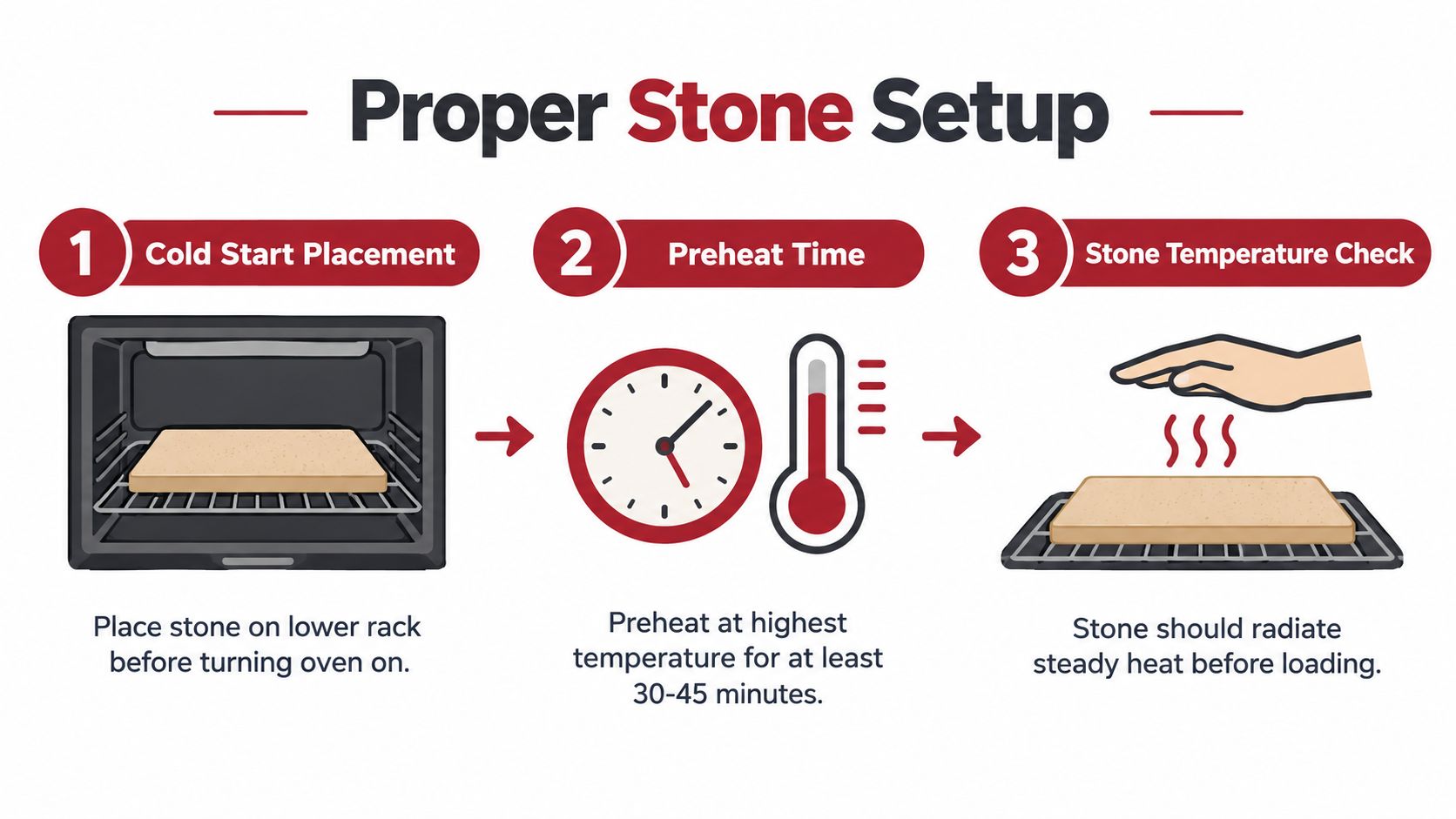 A three-step infographic showing how to properly place, preheat, and test a baking stone in an oven.