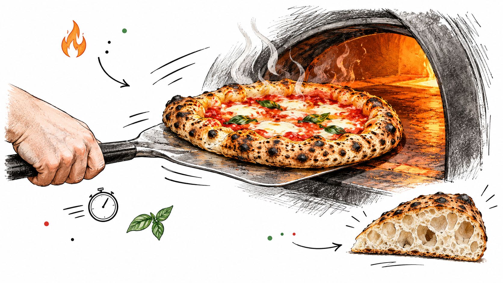 A hand sliding a freshly baked pizza into a hot wood-fired oven with a cross-section showing bubbles.
