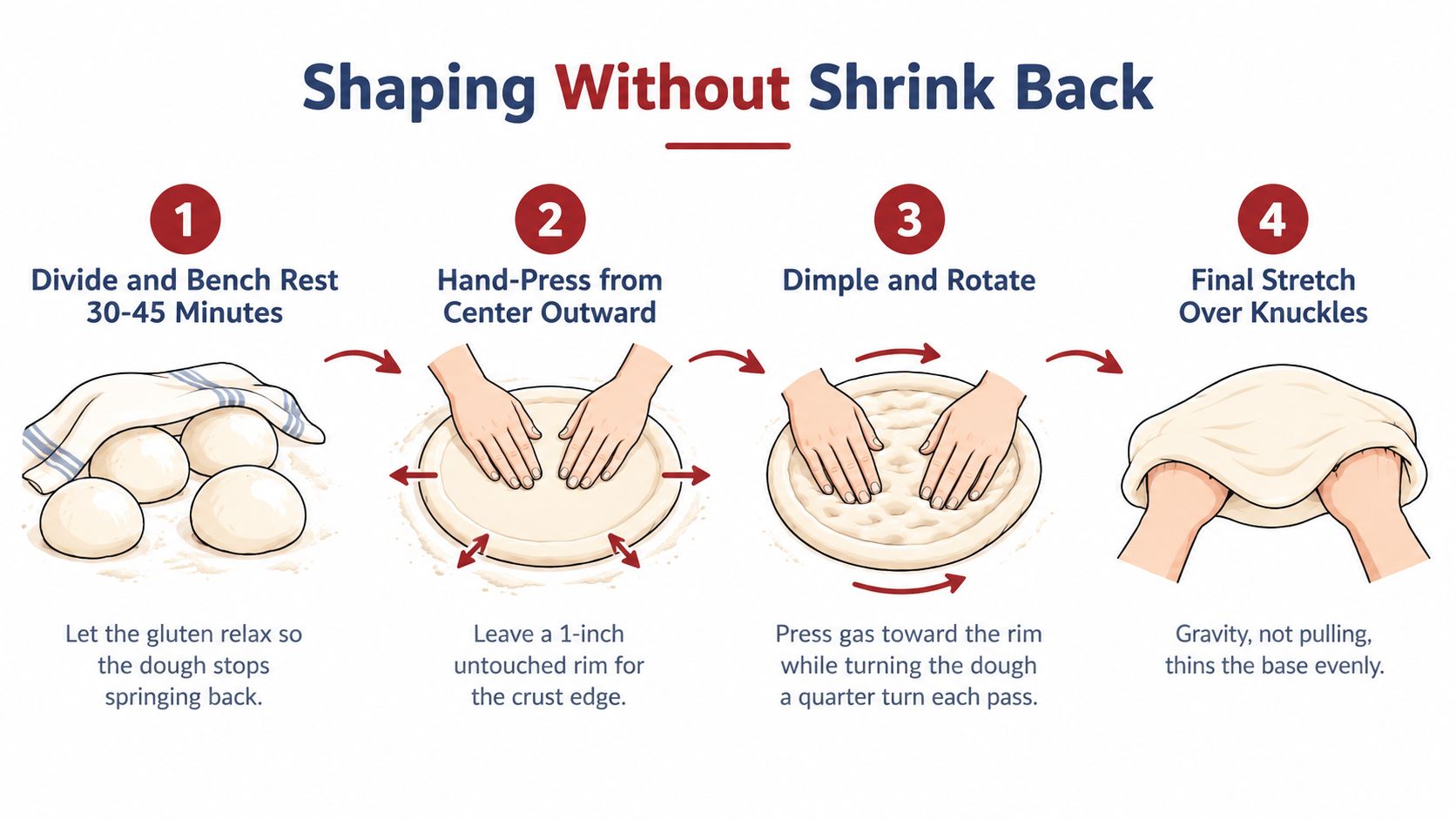 An instructional infographic detailing the four steps for shaping thin crust pizza dough without it shrinking back.