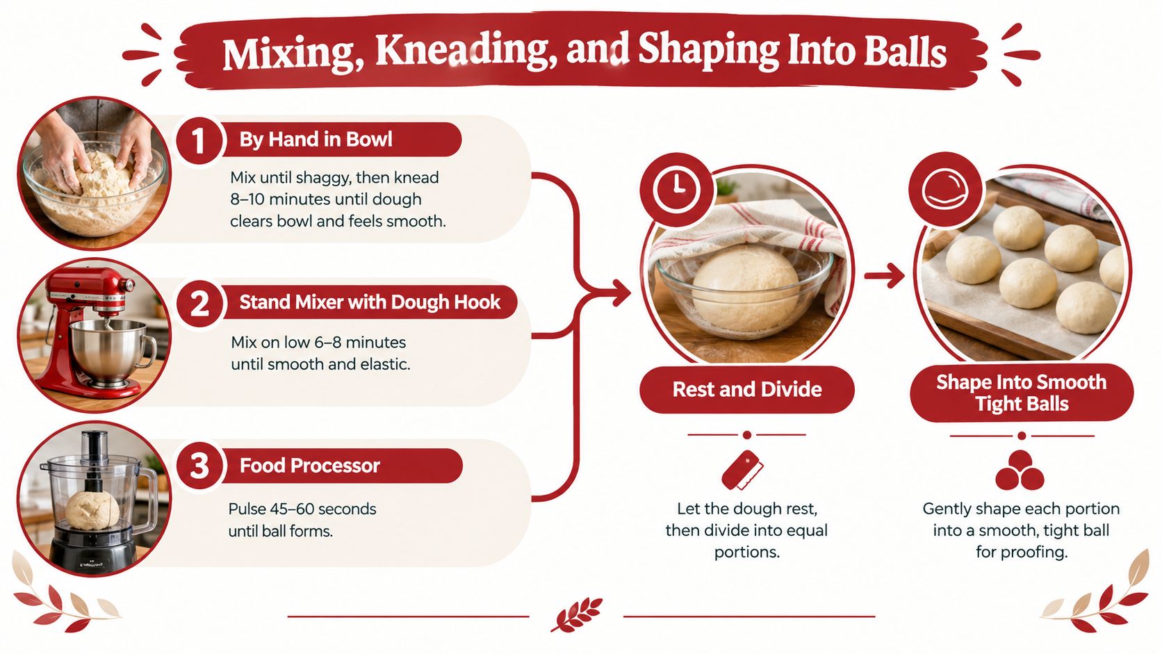 An infographic showing the three methods to mix and knead dough before shaping into smooth balls.
