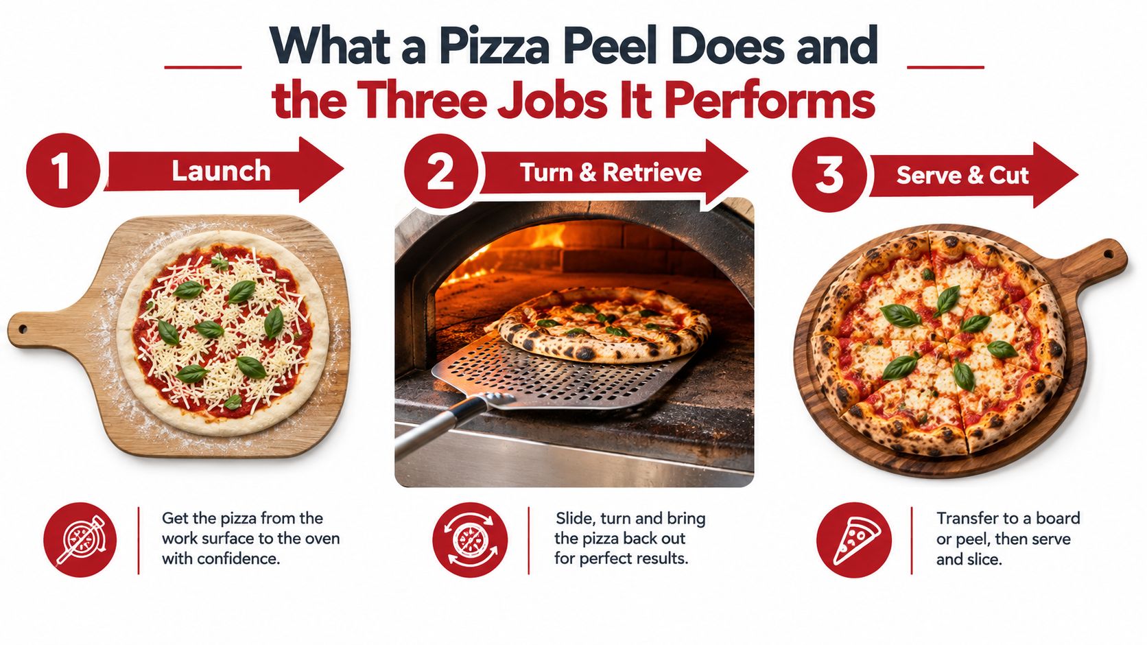A diagram illustrating the three main functions of a pizza peel: launching, turning, and serving pizza.