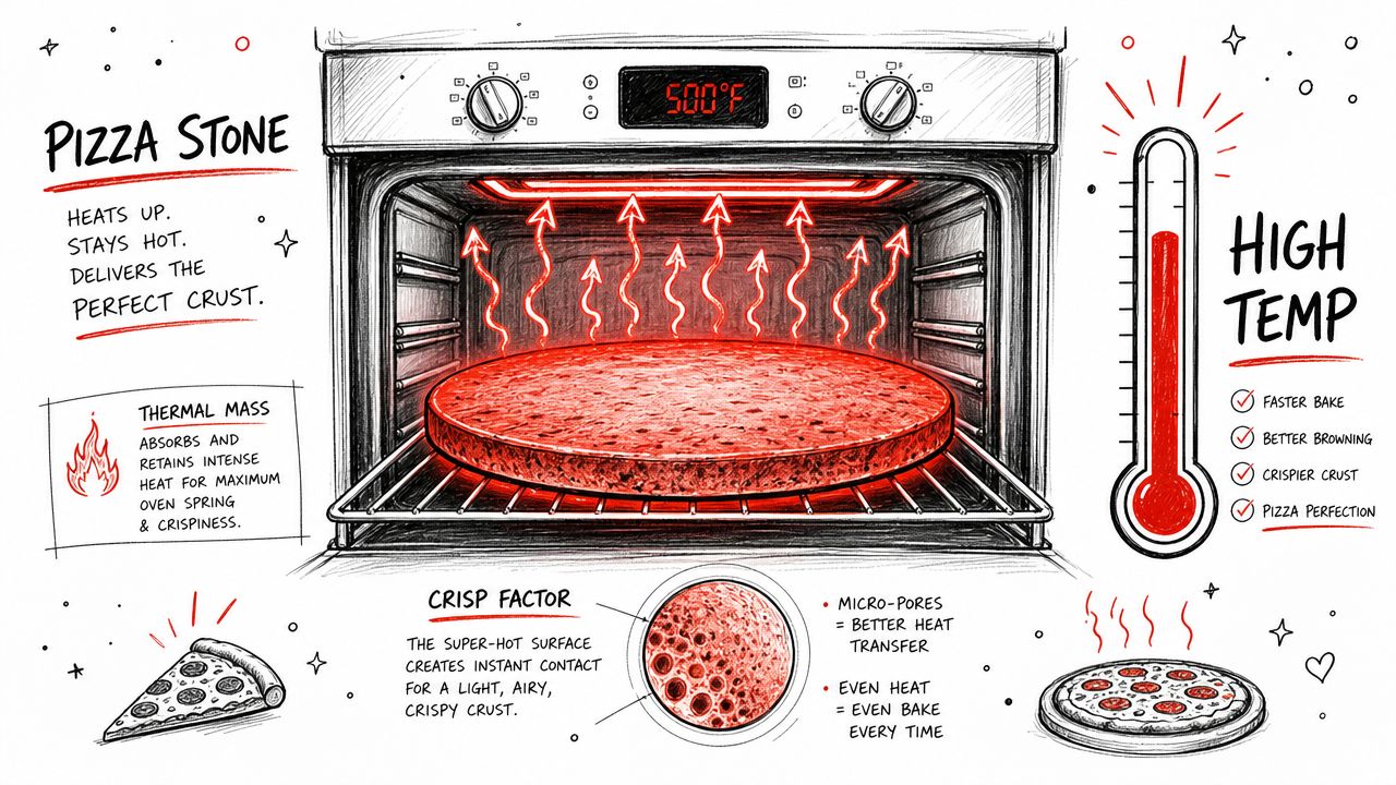 A hand-drawn illustration explaining the benefits of using a pizza stone in an electric oven.