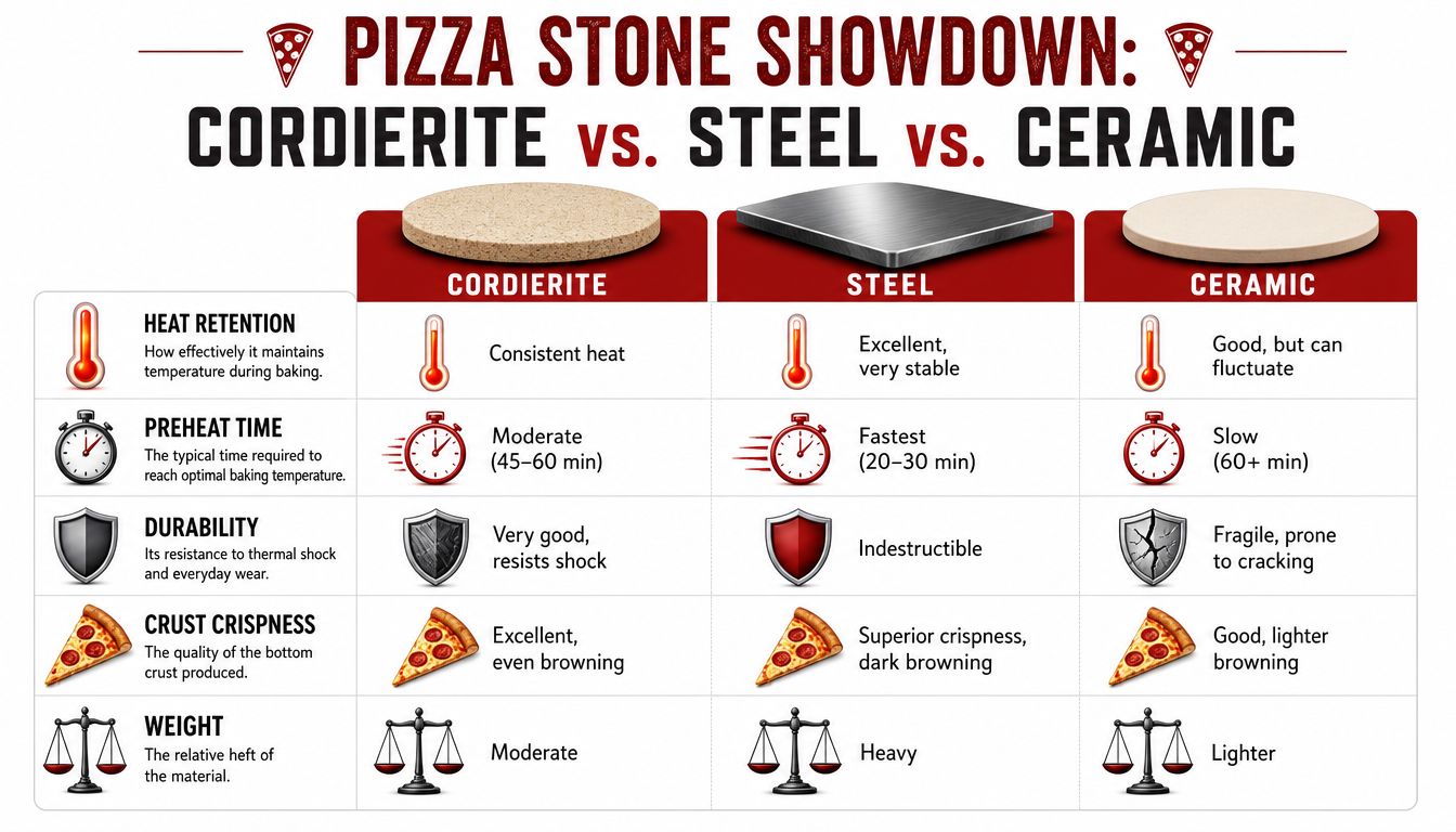 A comparison chart showing the differences between cordierite, steel, and ceramic pizza stones for home baking.