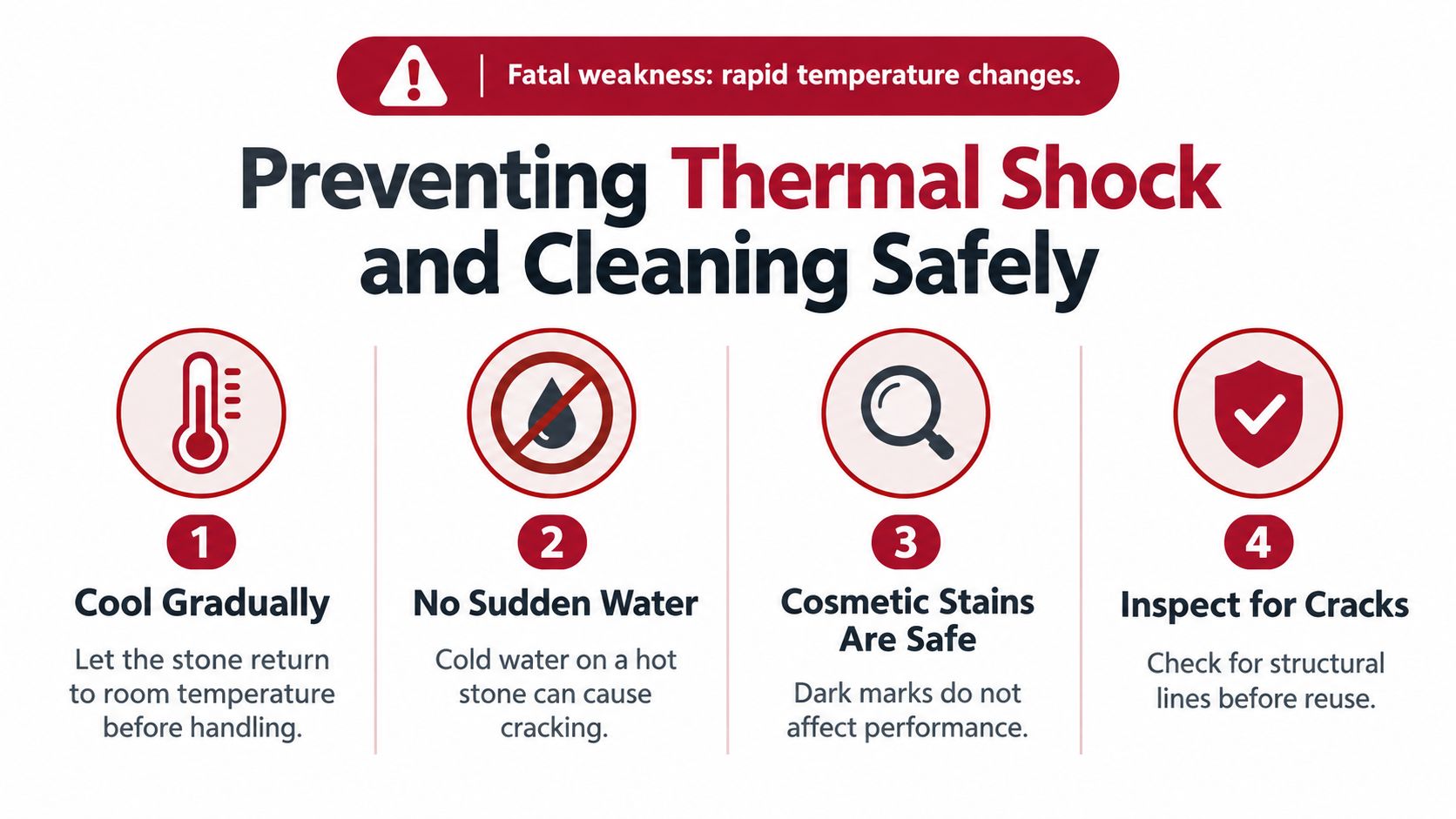 An infographic detailing four essential safety steps for cleaning and maintaining a stone baking surface properly.