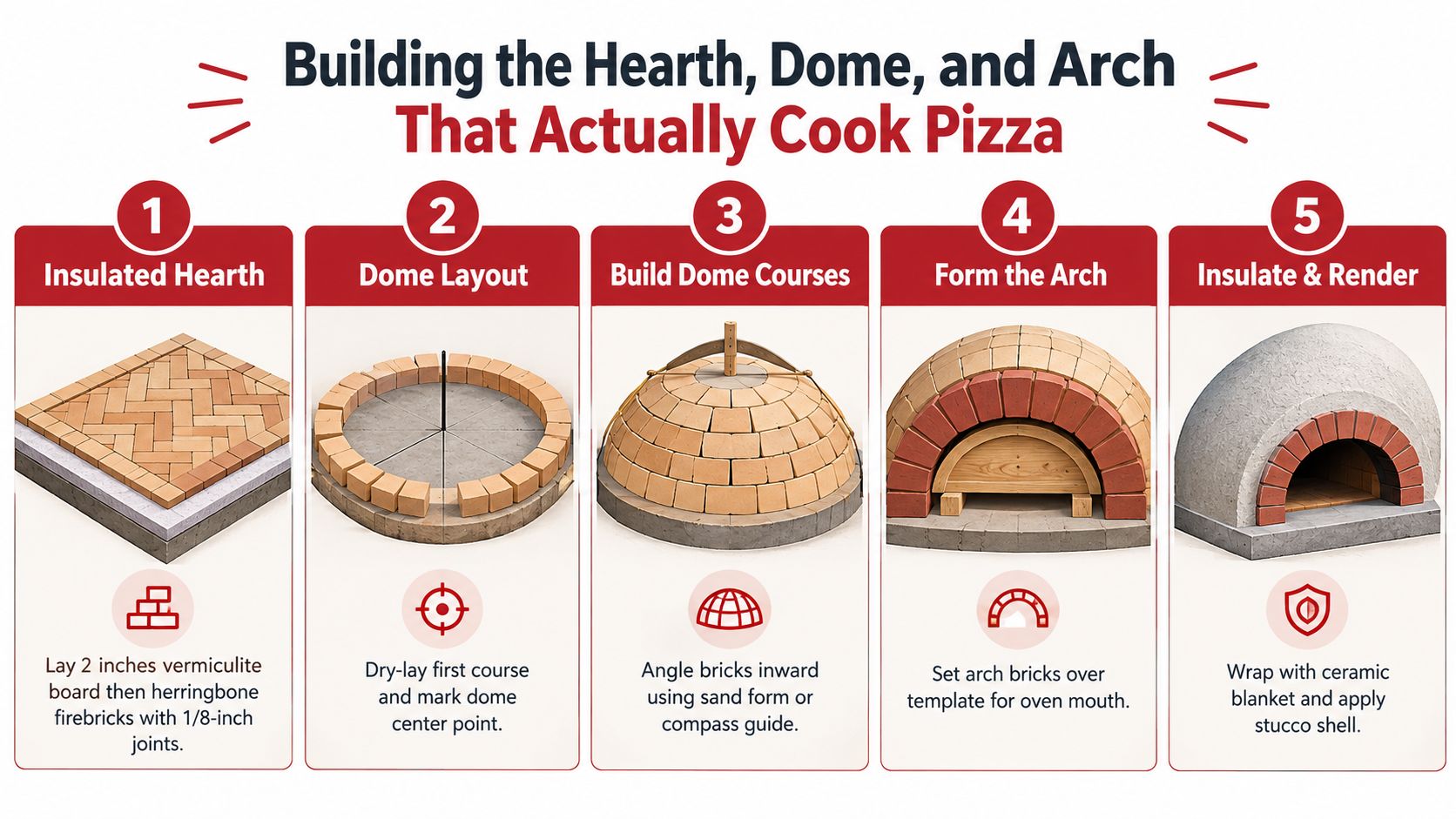 An illustrated five-step guide on how to construct a DIY backyard pizza oven from bricks.